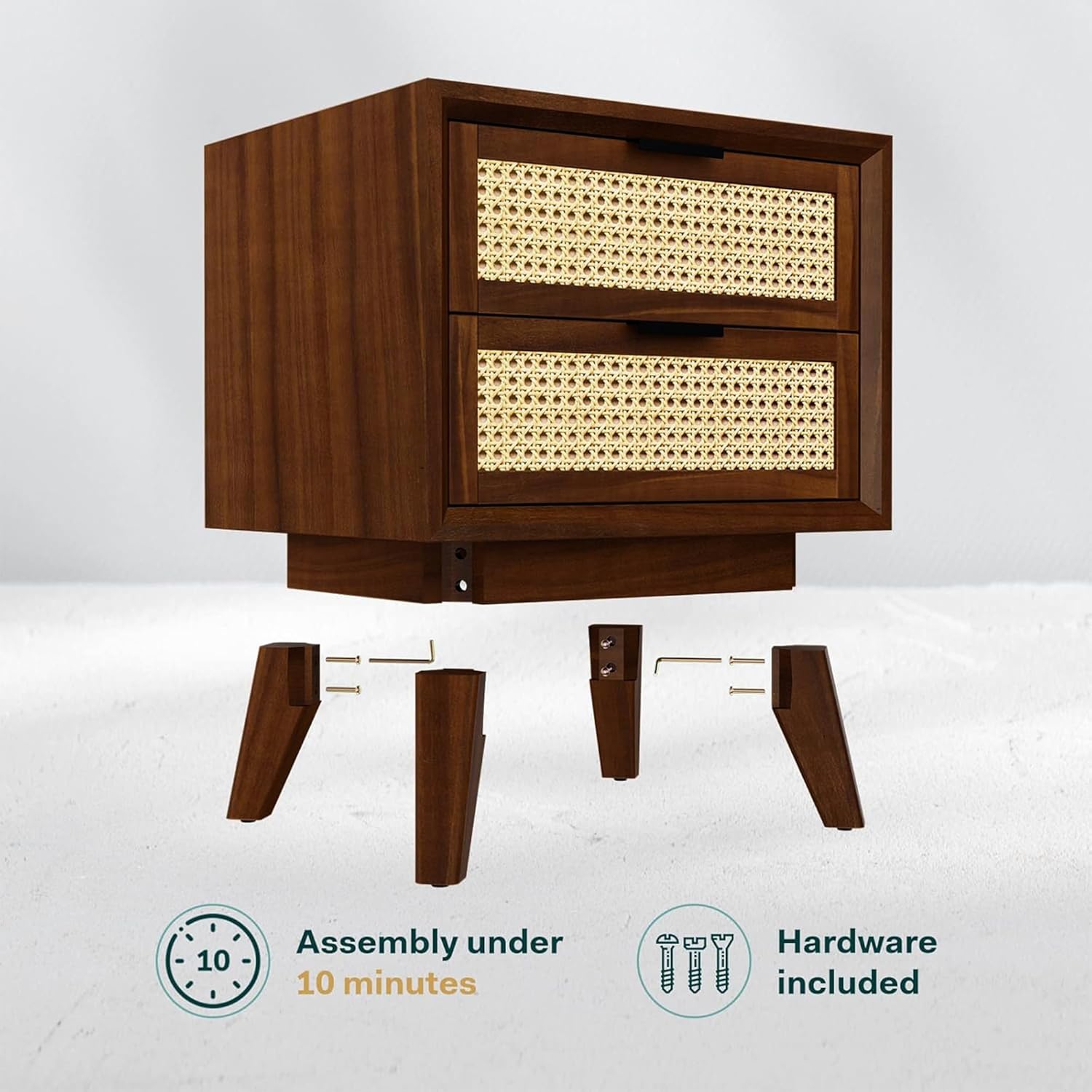 Craft D Art Wooden Bedside Table with Rattan Drawers & Solid Legs