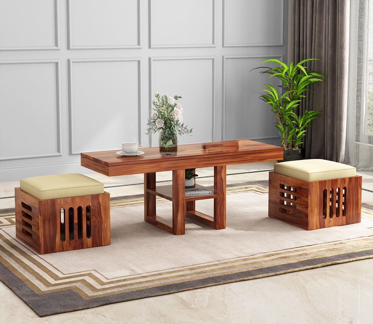Craft D Art Solid Wood Coffee Table with Nesting Stools & Cushions