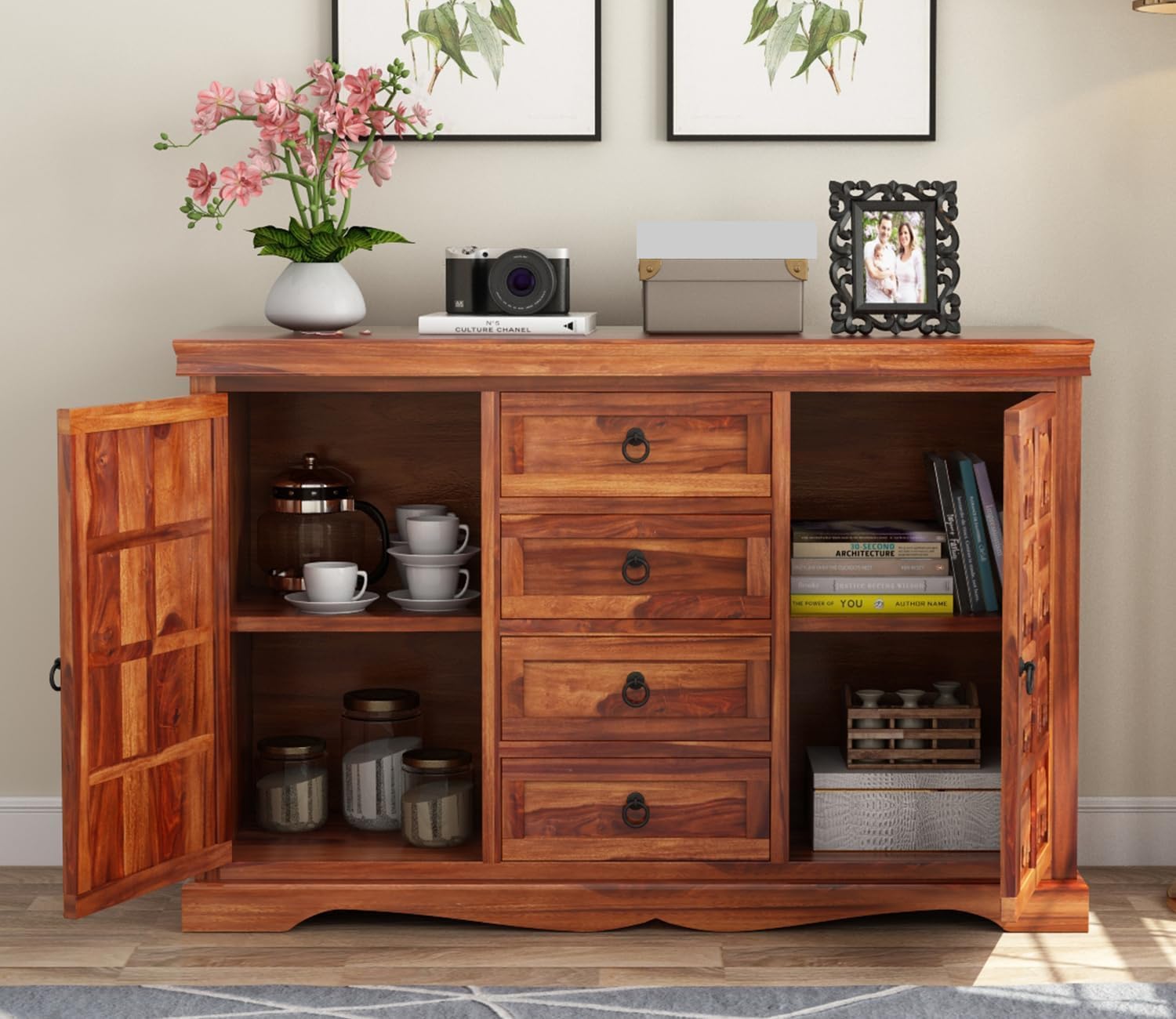 Craft D Art Sheesham Wood Sideboard Cabinet with Elephant Carving