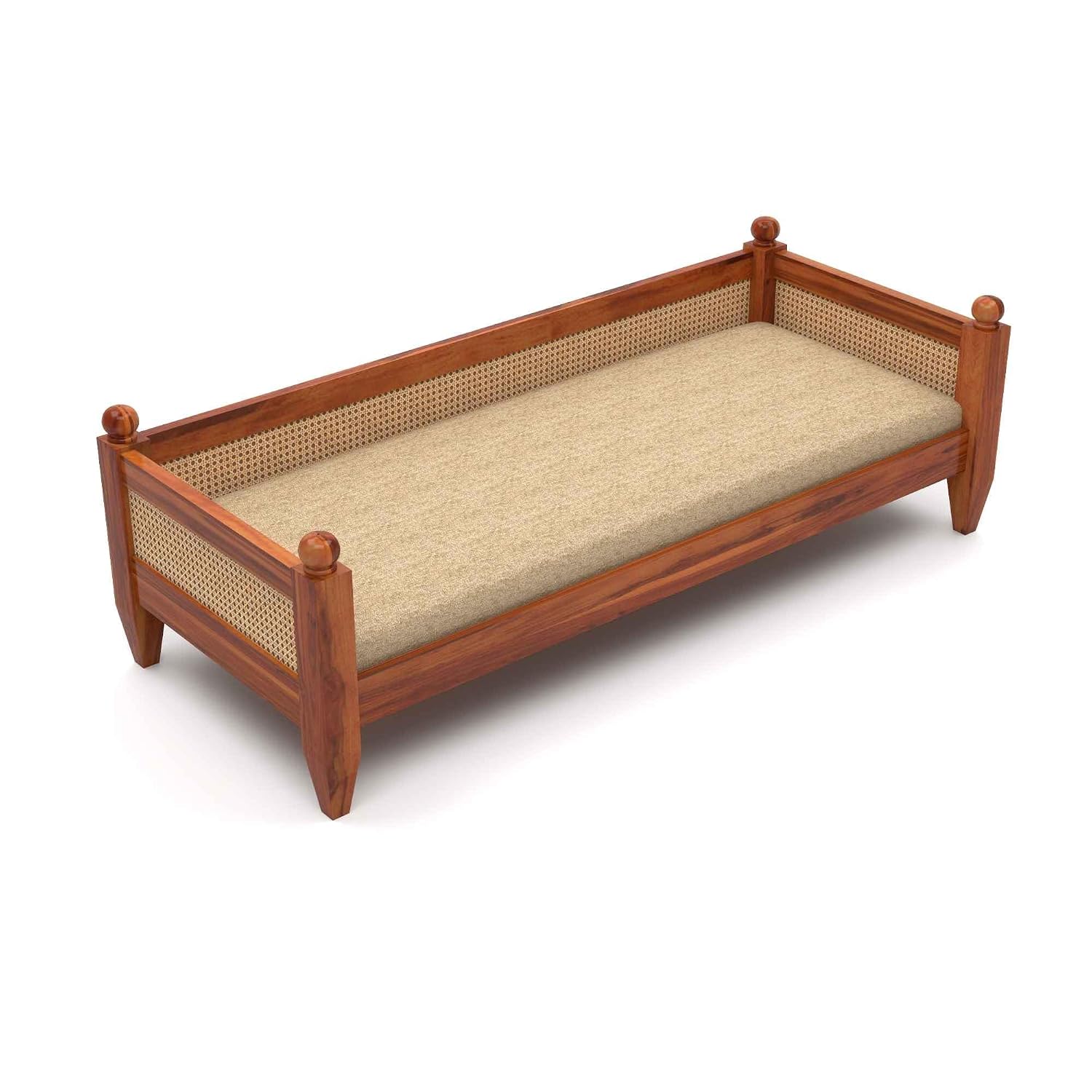 Craft D Art Solid Sheesham Wood Diwan Sofa with Cane Rattan Backrest & Cushioned Seat