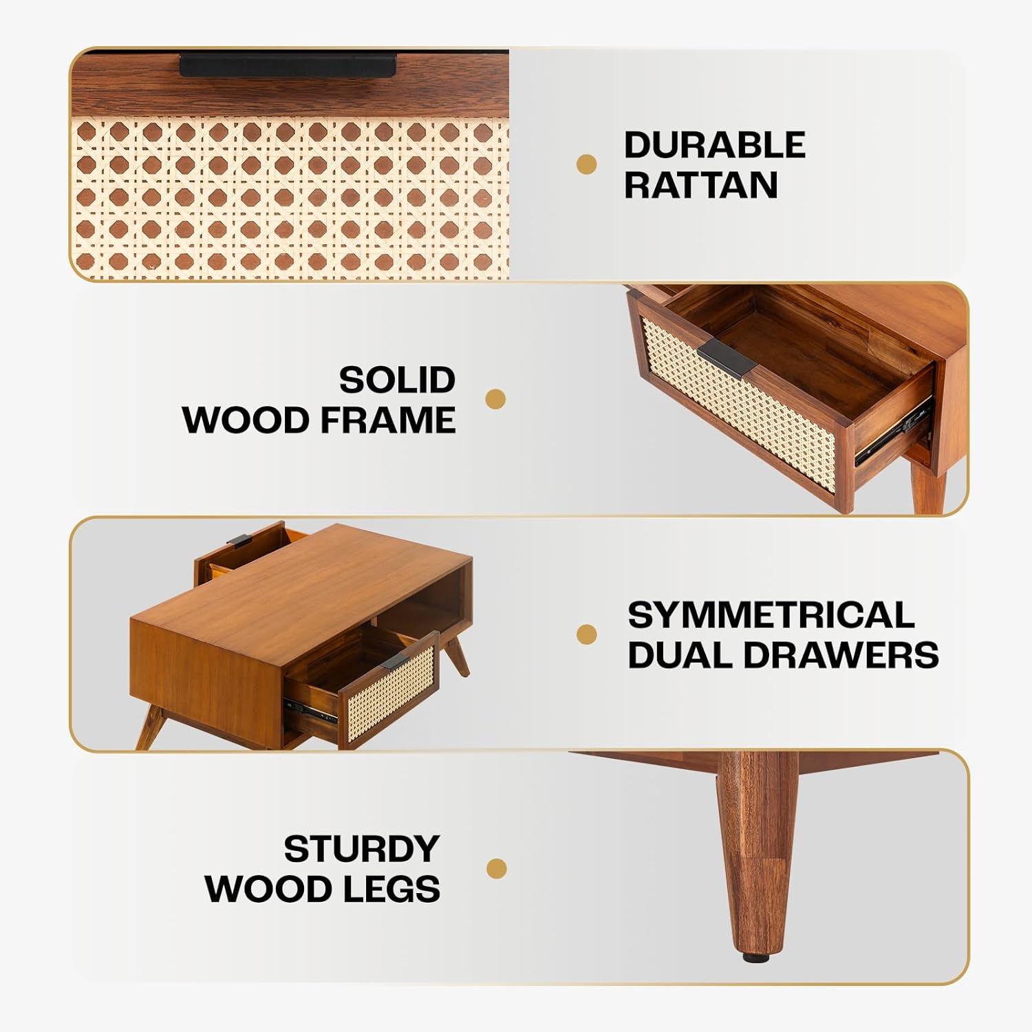 Craft D Art Wooden Coffee Table with Rattan Drawer & Open Shelf