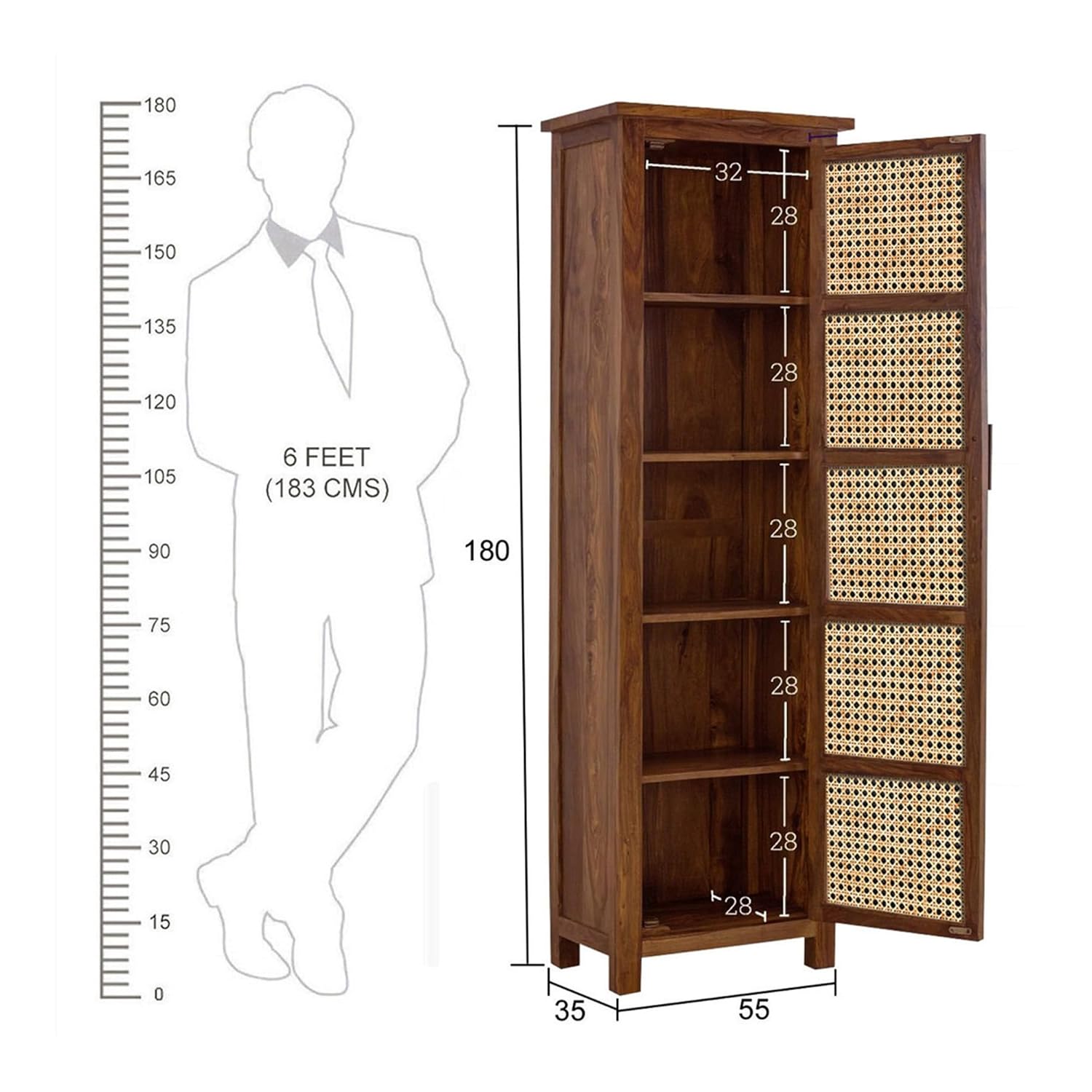 Solid Wood Cane Door Storage Cabinet | Slim Rattan Pantry Cabinet