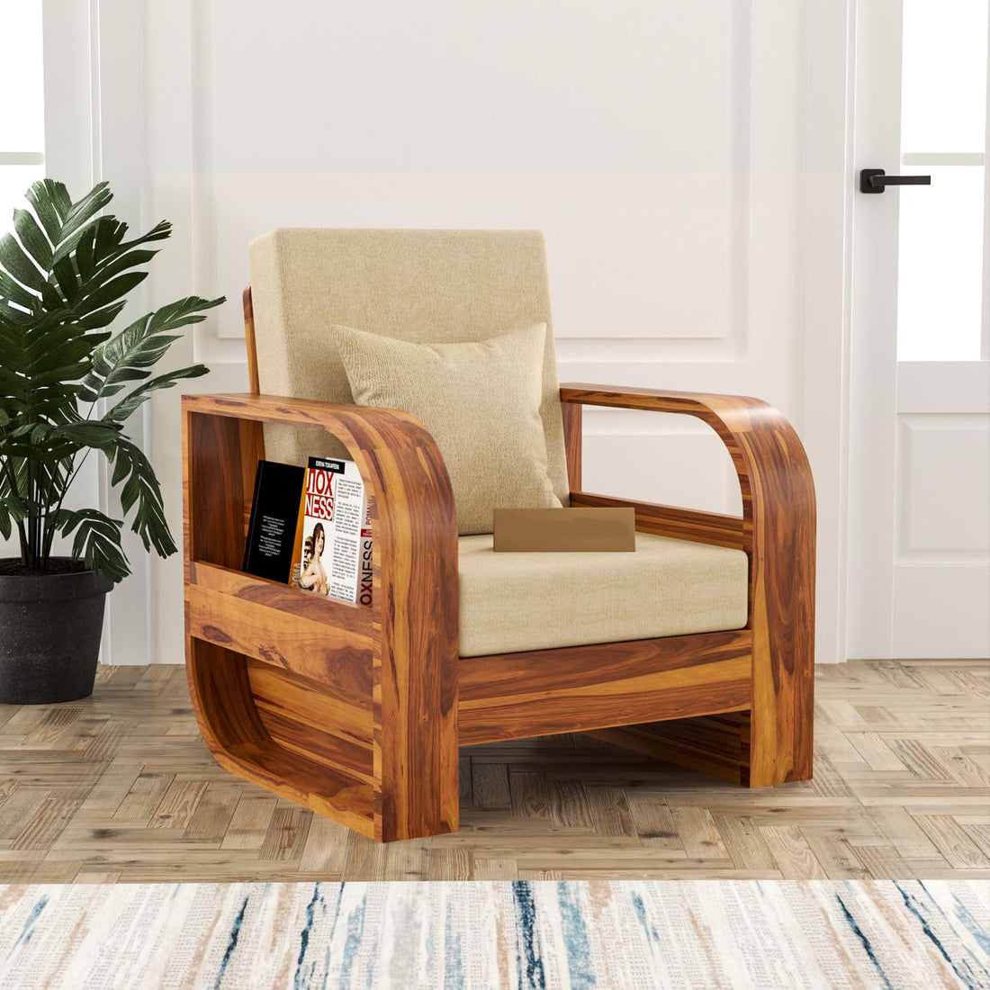 Craft D Art Solid Wood Lounge Armchair with Cushion & Side Storage