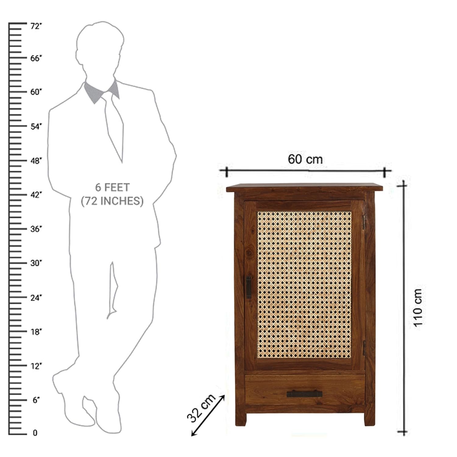 Solid Wood Cane Door Bookcase Cabinet with Drawer