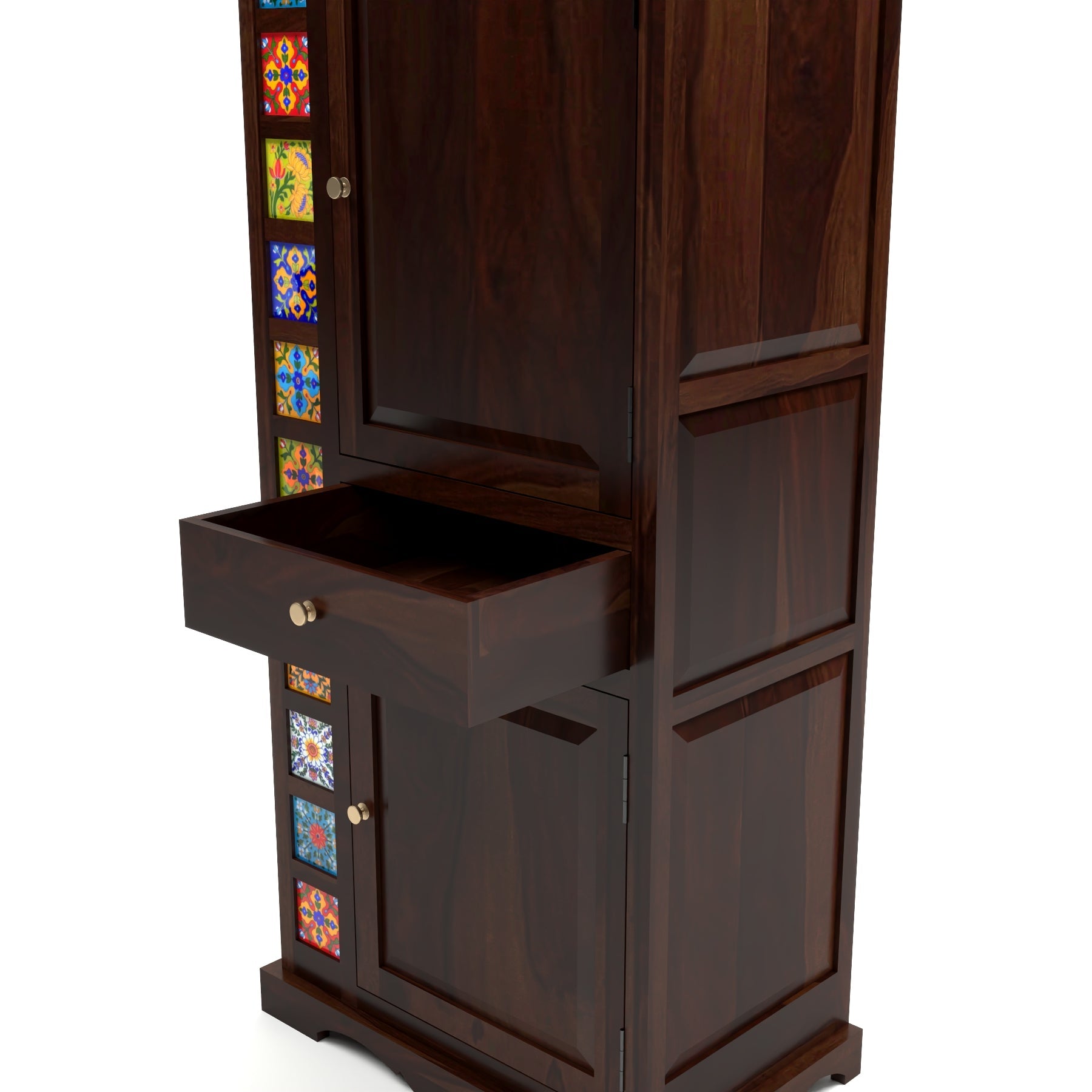 Emboss Sheesham Wood Wardrobe Cabinet with 1 Drawer & 2 Shelves (Walnut Finish)