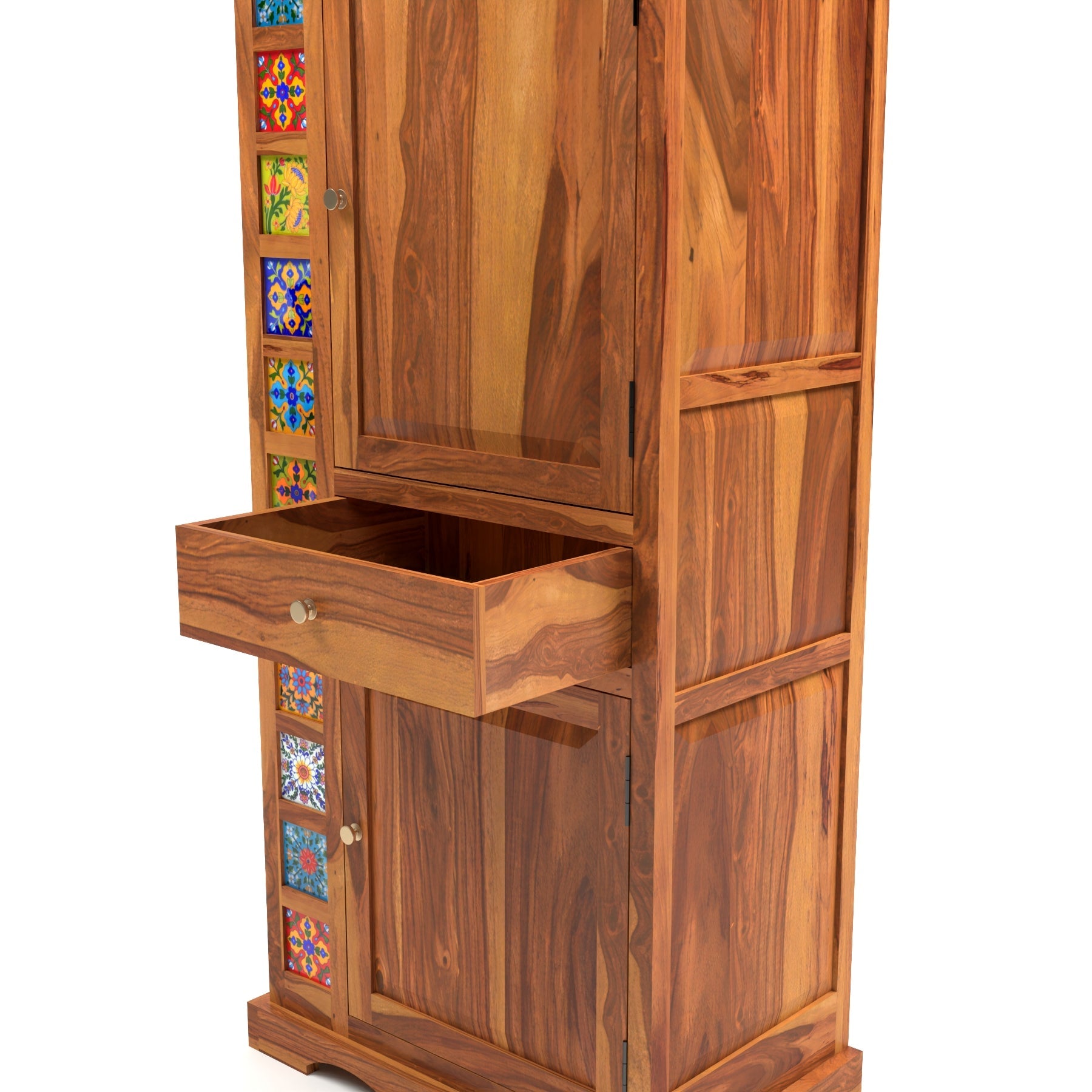 Emboss Sheesham Wood Wardrobe Cabinet with 1 Drawer & 2 Shelves (Honey Finish)