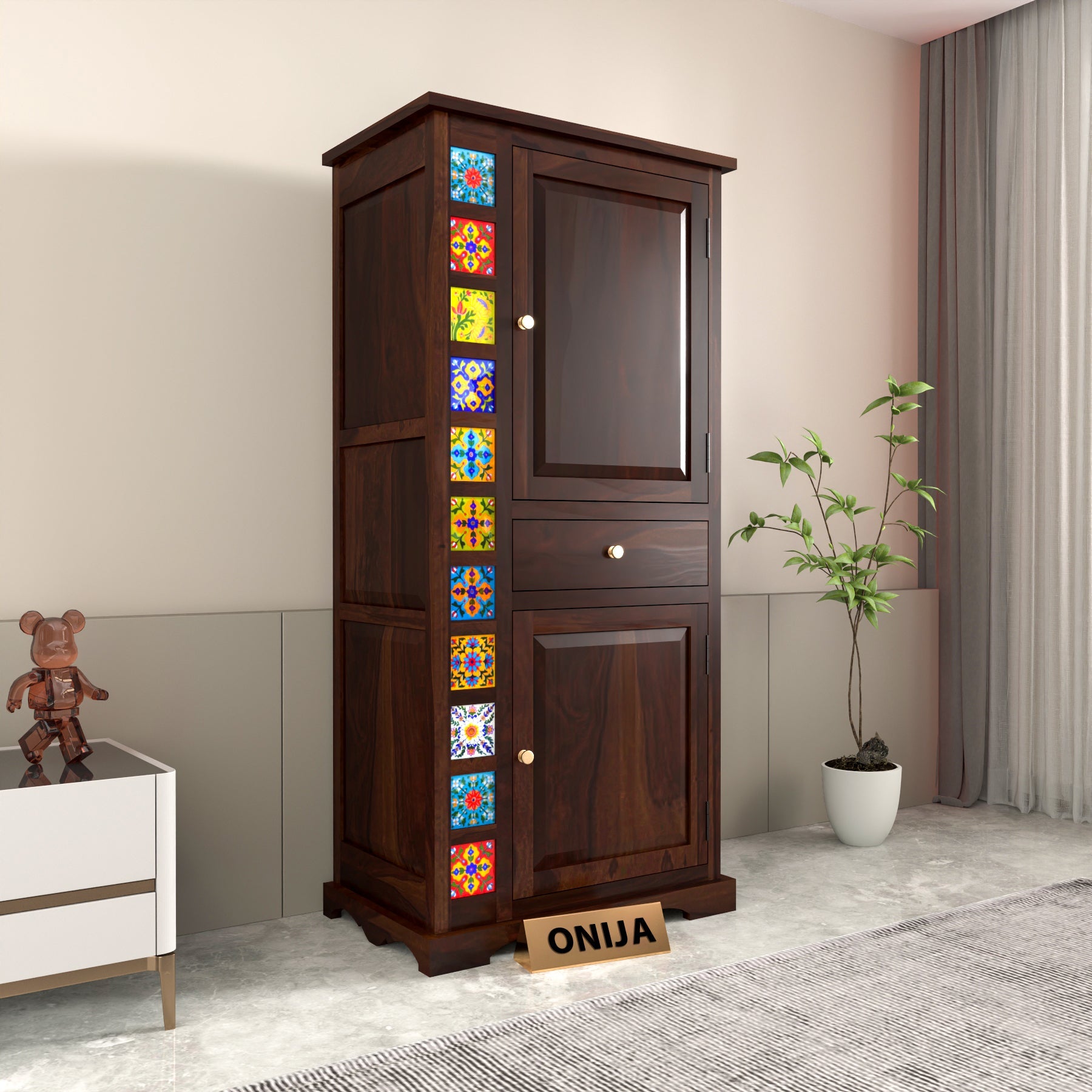 Emboss Sheesham Wood Wardrobe Cabinet with 1 Drawer & 2 Shelves (Walnut Finish)