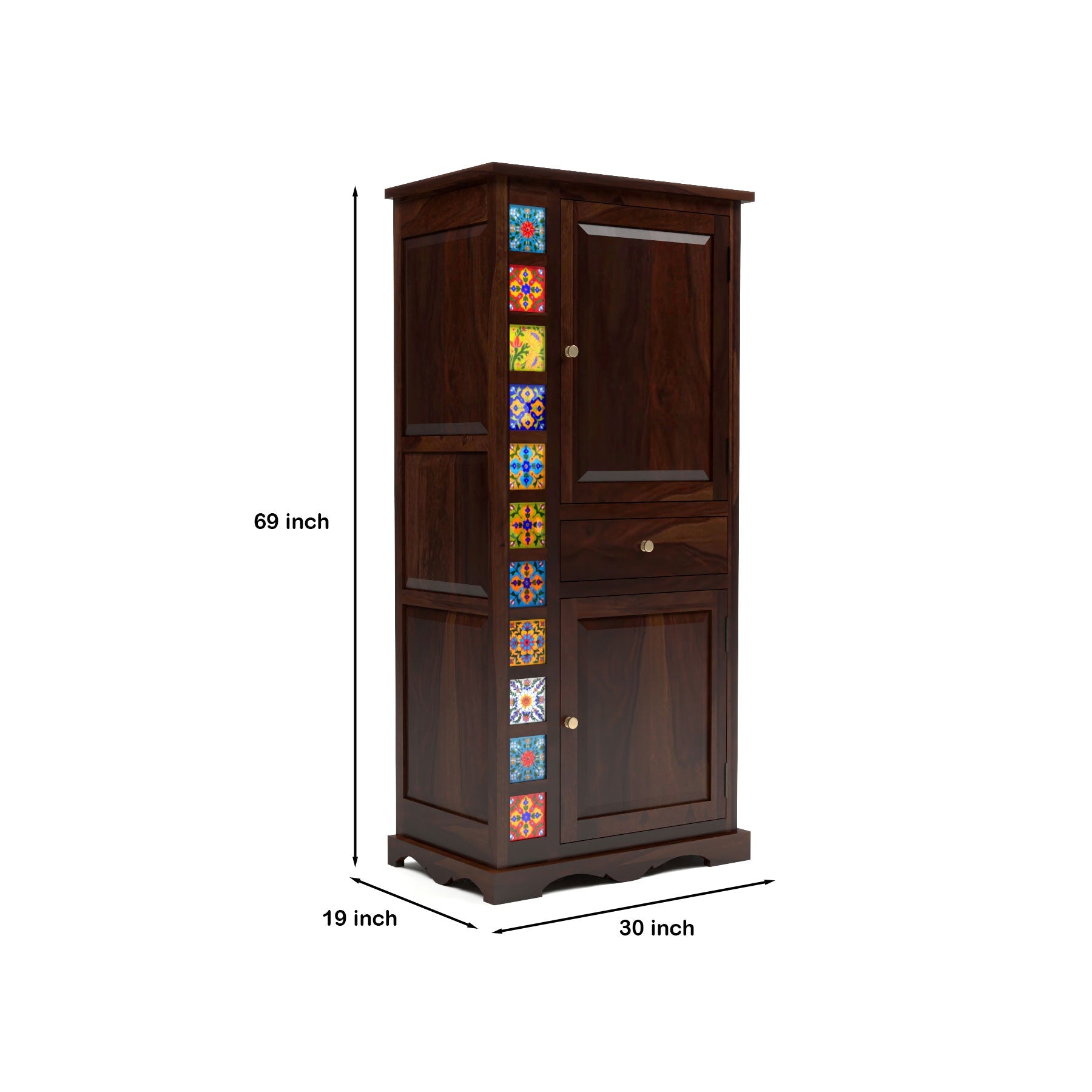 Emboss Sheesham Wood Wardrobe Cabinet with 1 Drawer & 2 Shelves (Walnut Finish)
