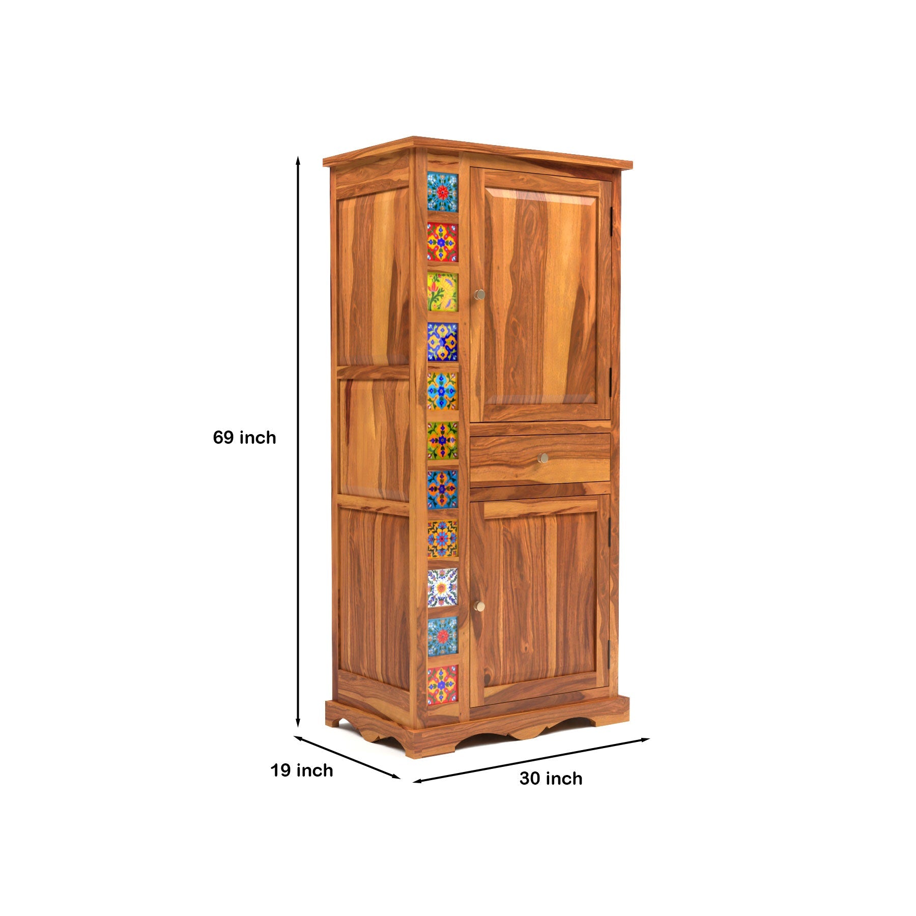 Emboss Sheesham Wood Wardrobe Cabinet with 1 Drawer & 2 Shelves (Honey Finish)