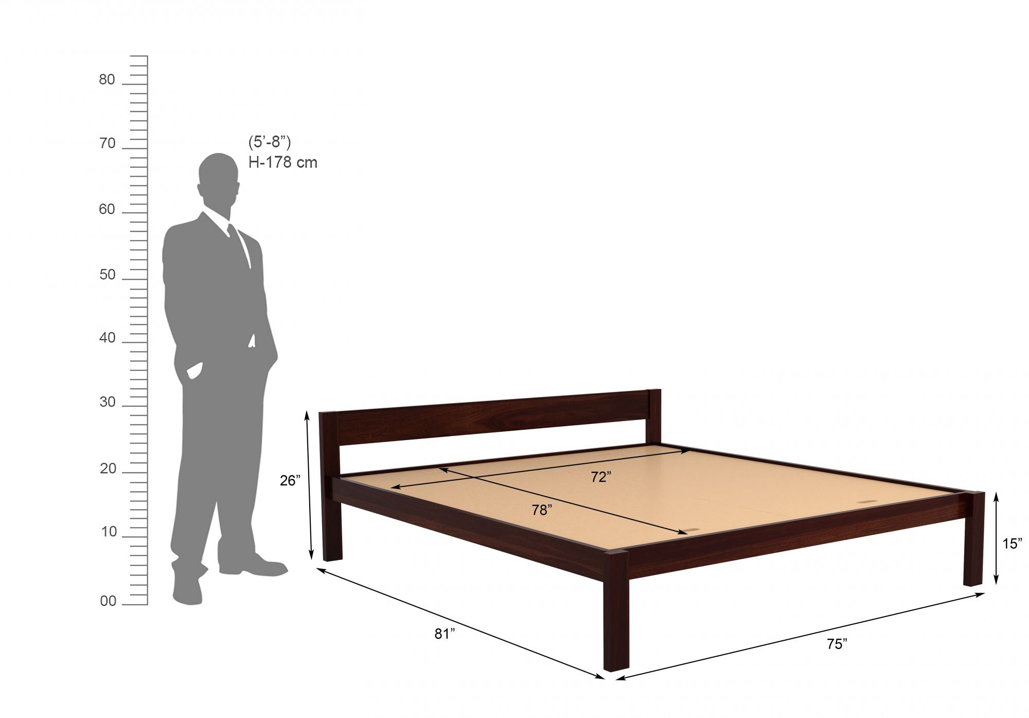 Craft D Art Sheesham Wood Queen Size Bed Without Storage (Walnut Finish)