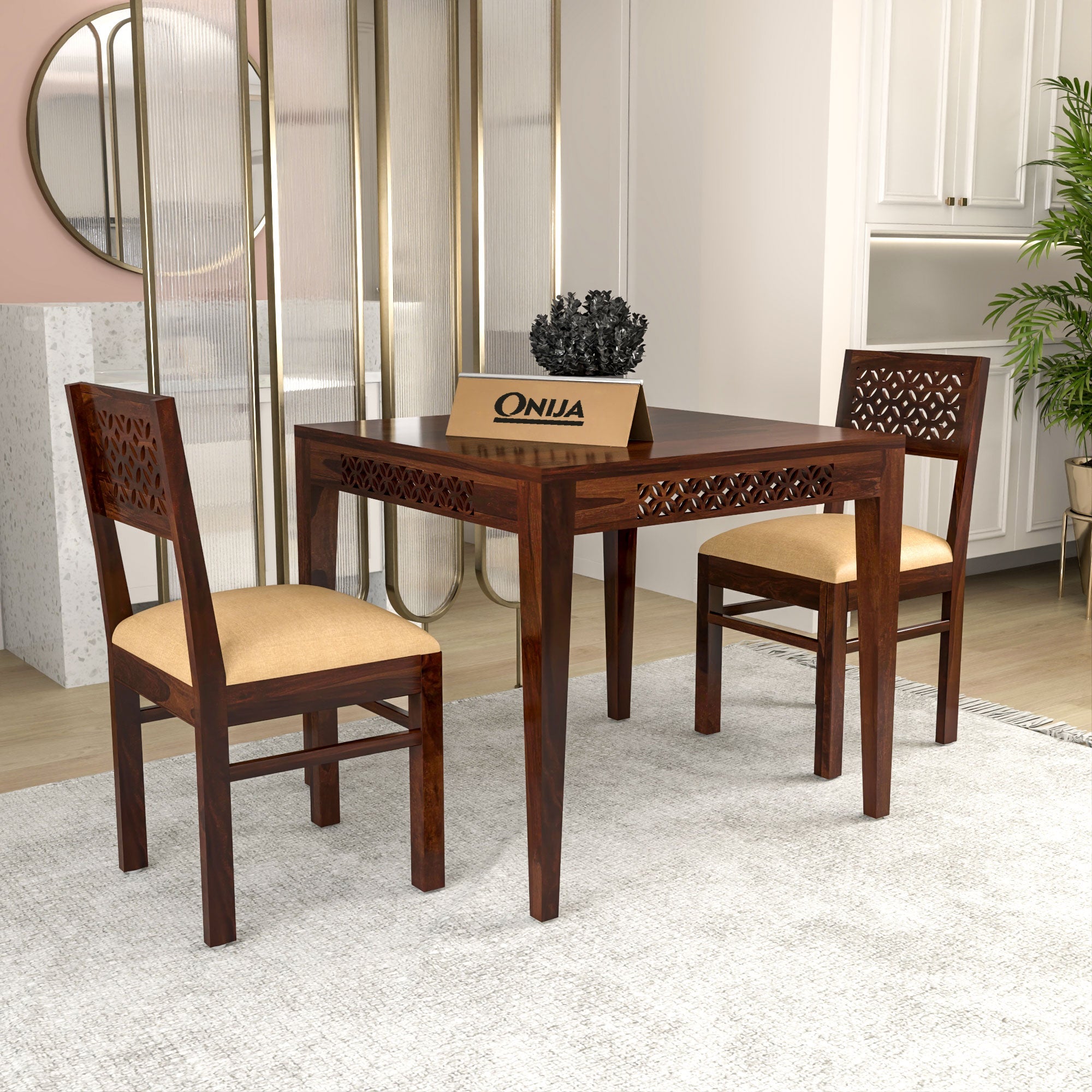 Craft D Art Sheesham Wood 2 Seater Carved Dining Table Set (Walnut Finish)