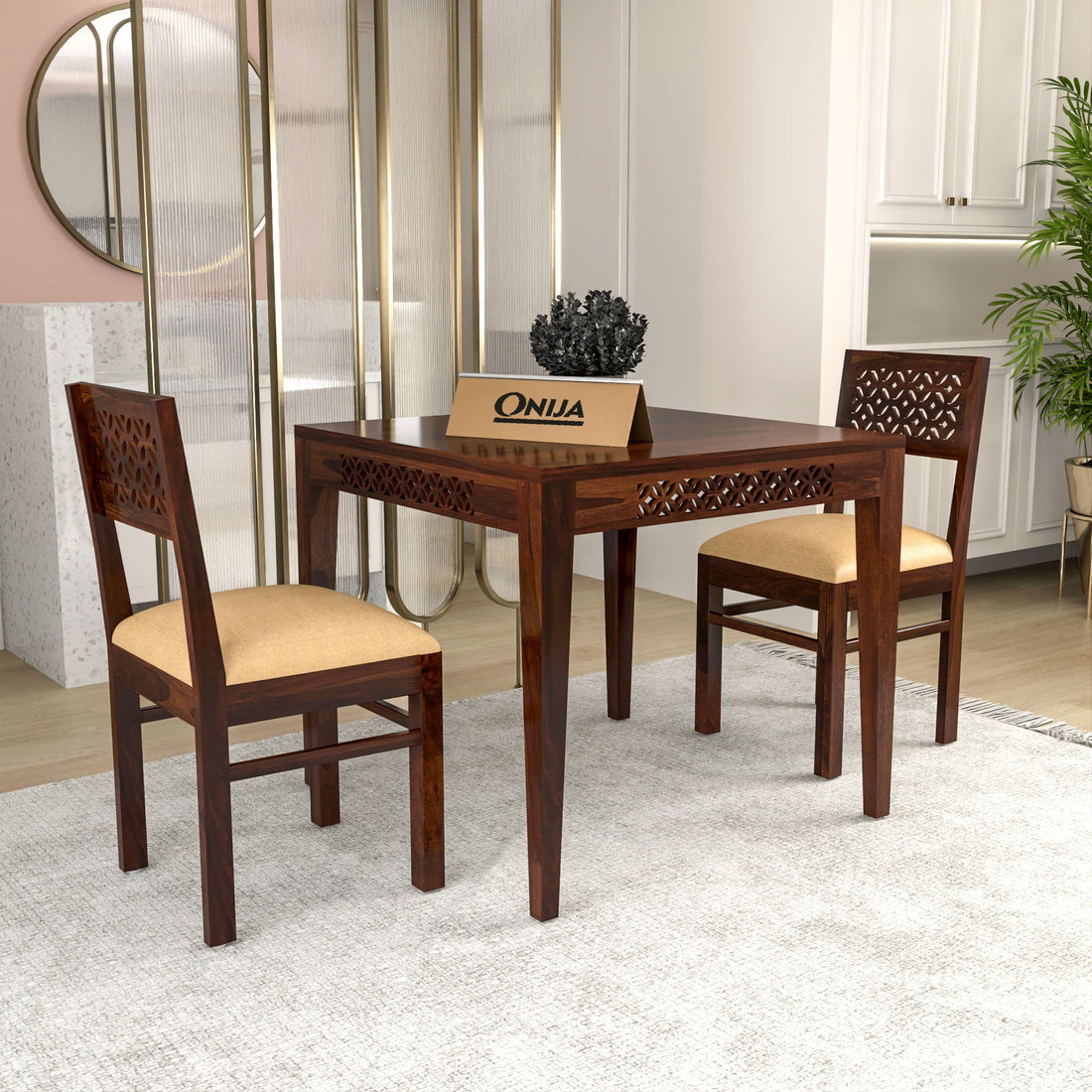 Craft D Art Sheesham Wood 2 Seater Carved Dining Table Set (Walnut Finish)