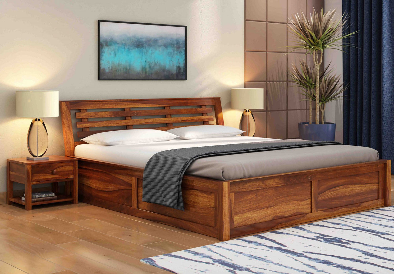 Craft D Art Sheesham Wood Queen Size Bed With Storage (Honey Finish)