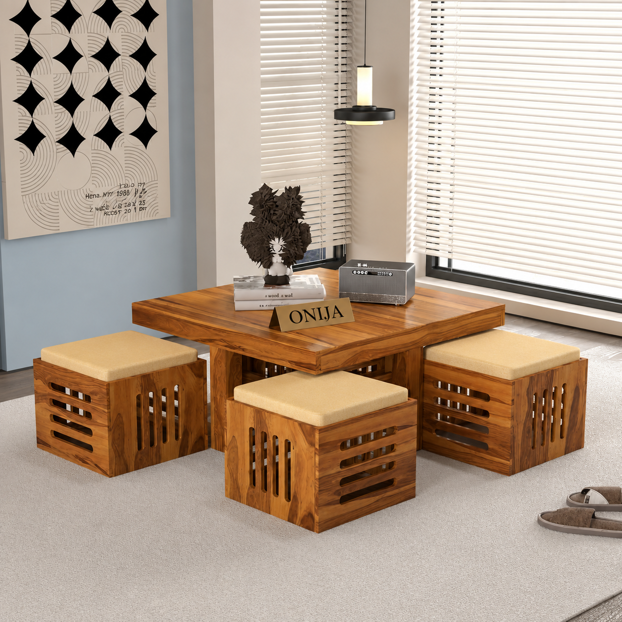 Craft D Art Furniture Solid Sheesham Wood Coffee Table with 4 Stool