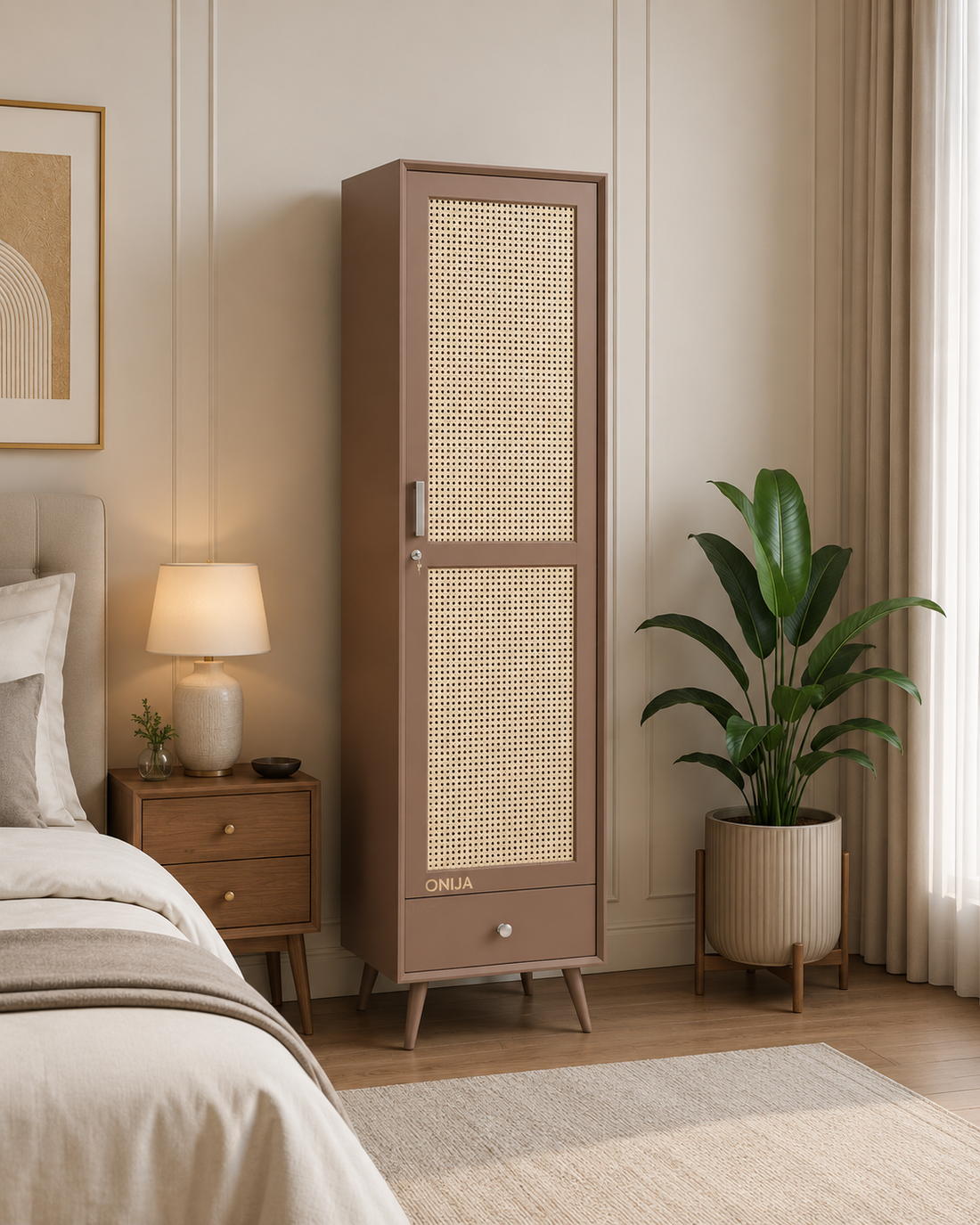 Craft D Art Wooden Single Door Wardrobe with Rattan Panel & Drawer