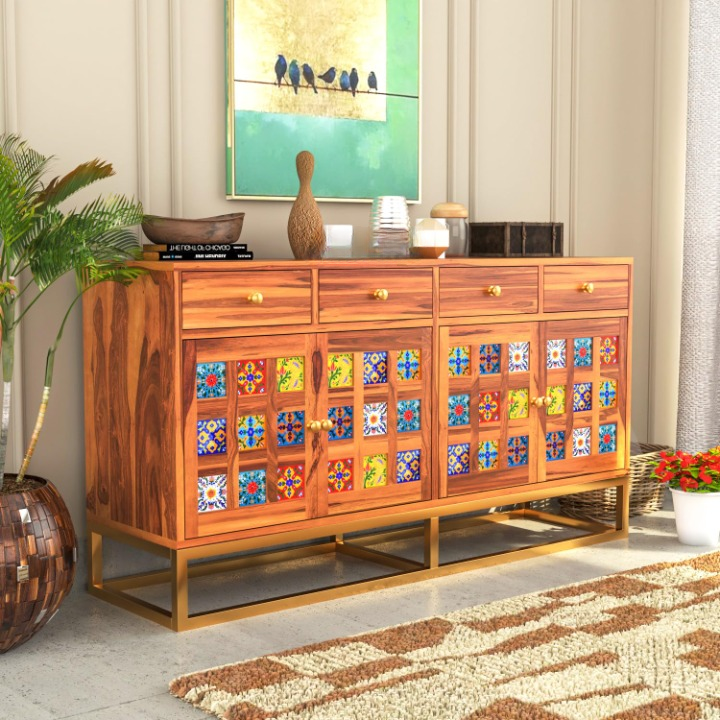 Solid Sheesham Wood Tile Sideboard Cabinet Storage