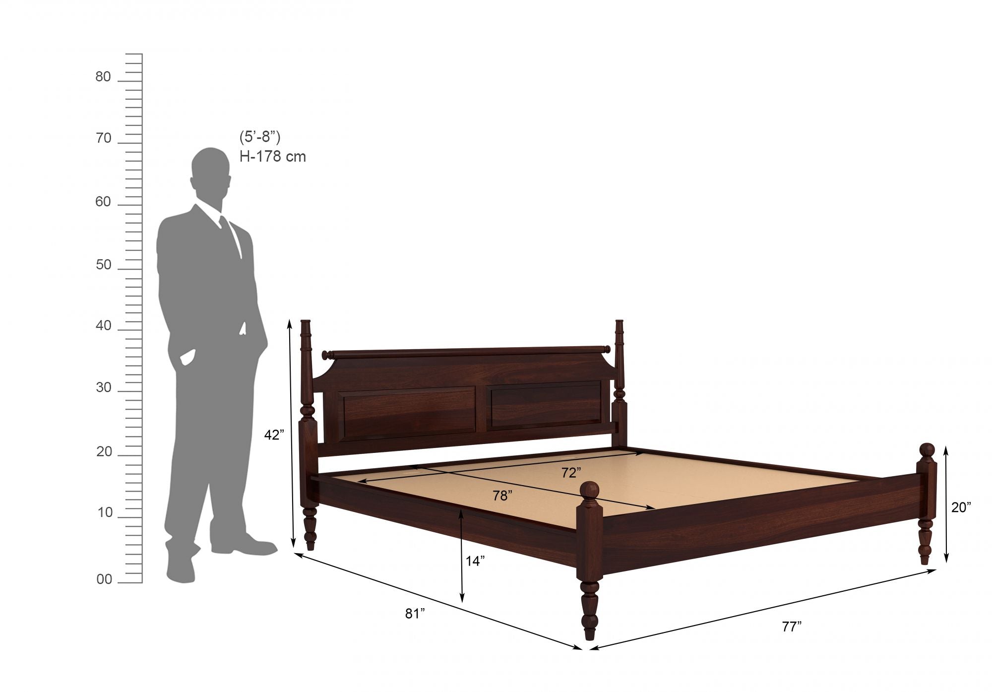 Craft D Art Sheesham Wood King Size Bed Without Storage (Walnut Finish)