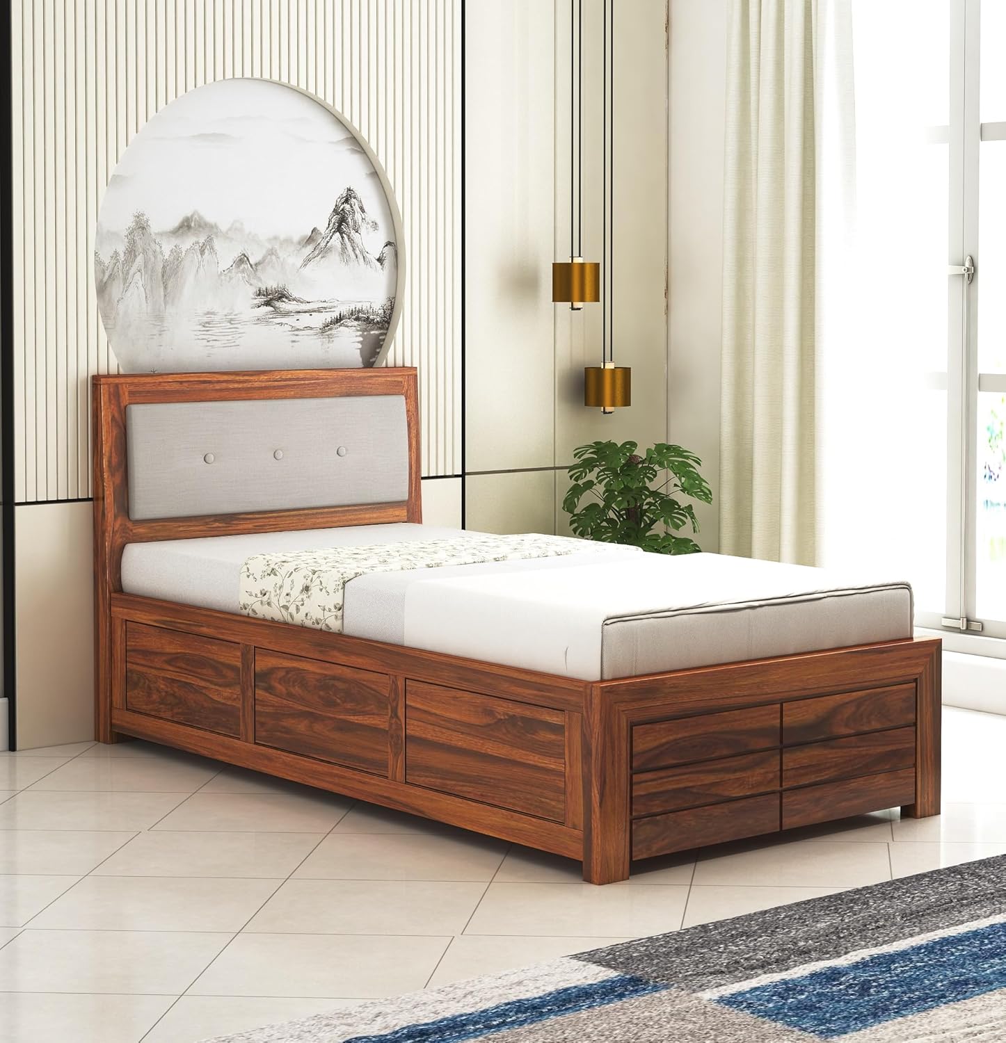 Lorveth Sheesham Wood Single Bed With Storage (Honey Finish)