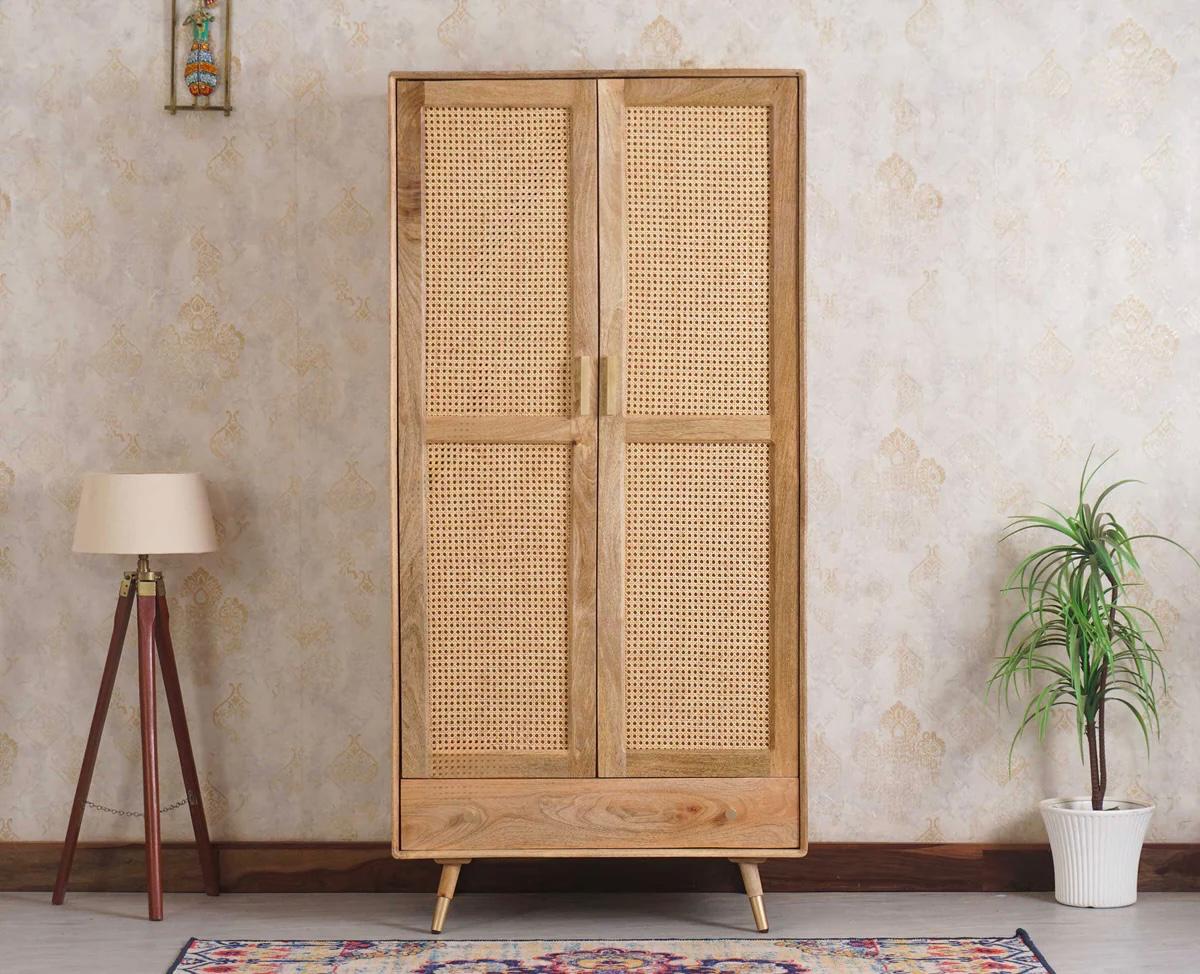 Craft D Art Sheesham Wood 2 Door Cane Wardrobe with Drawer