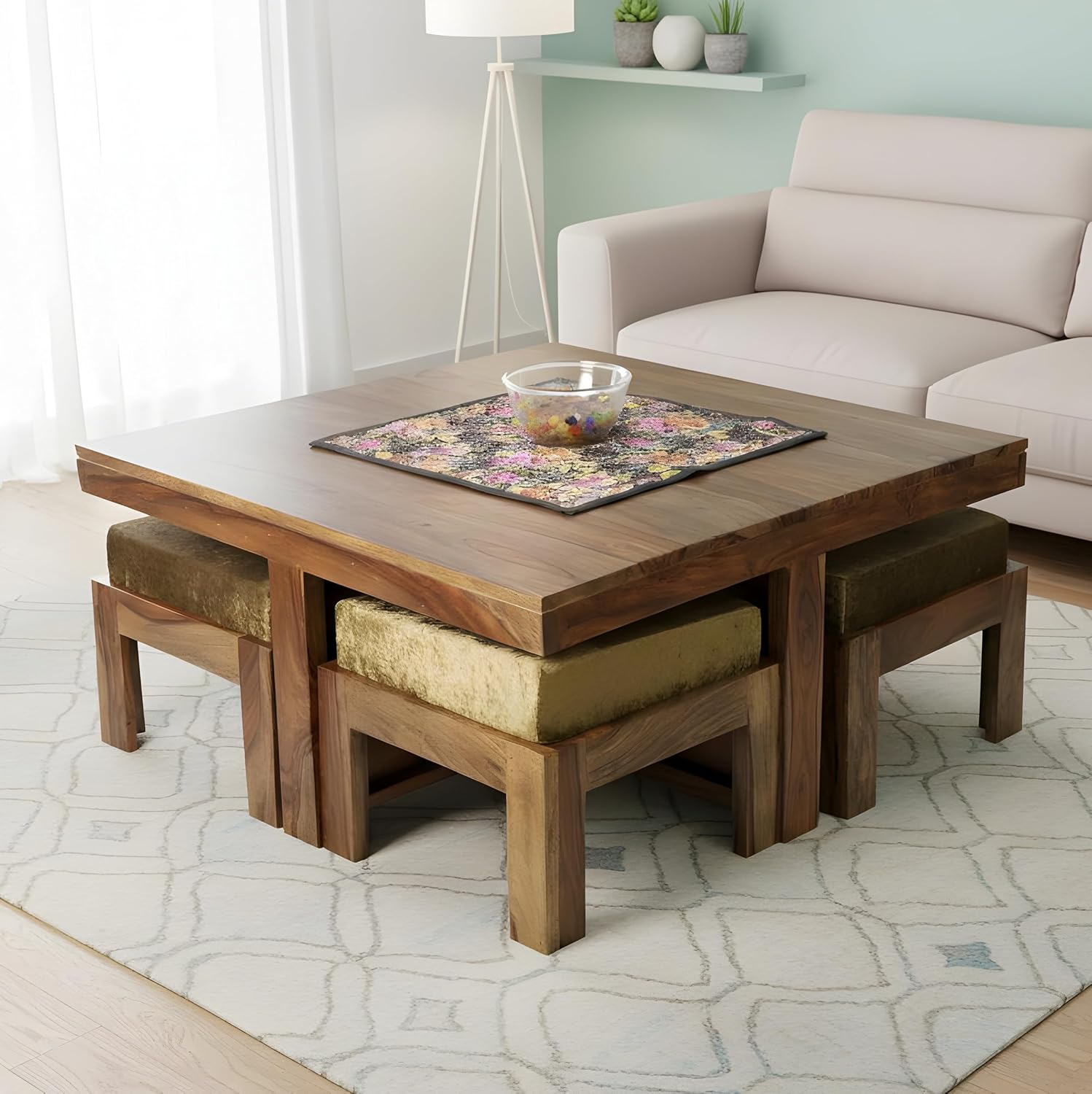 Sheesham Wood 4 Seater Coffee Table Set In Teak Finish