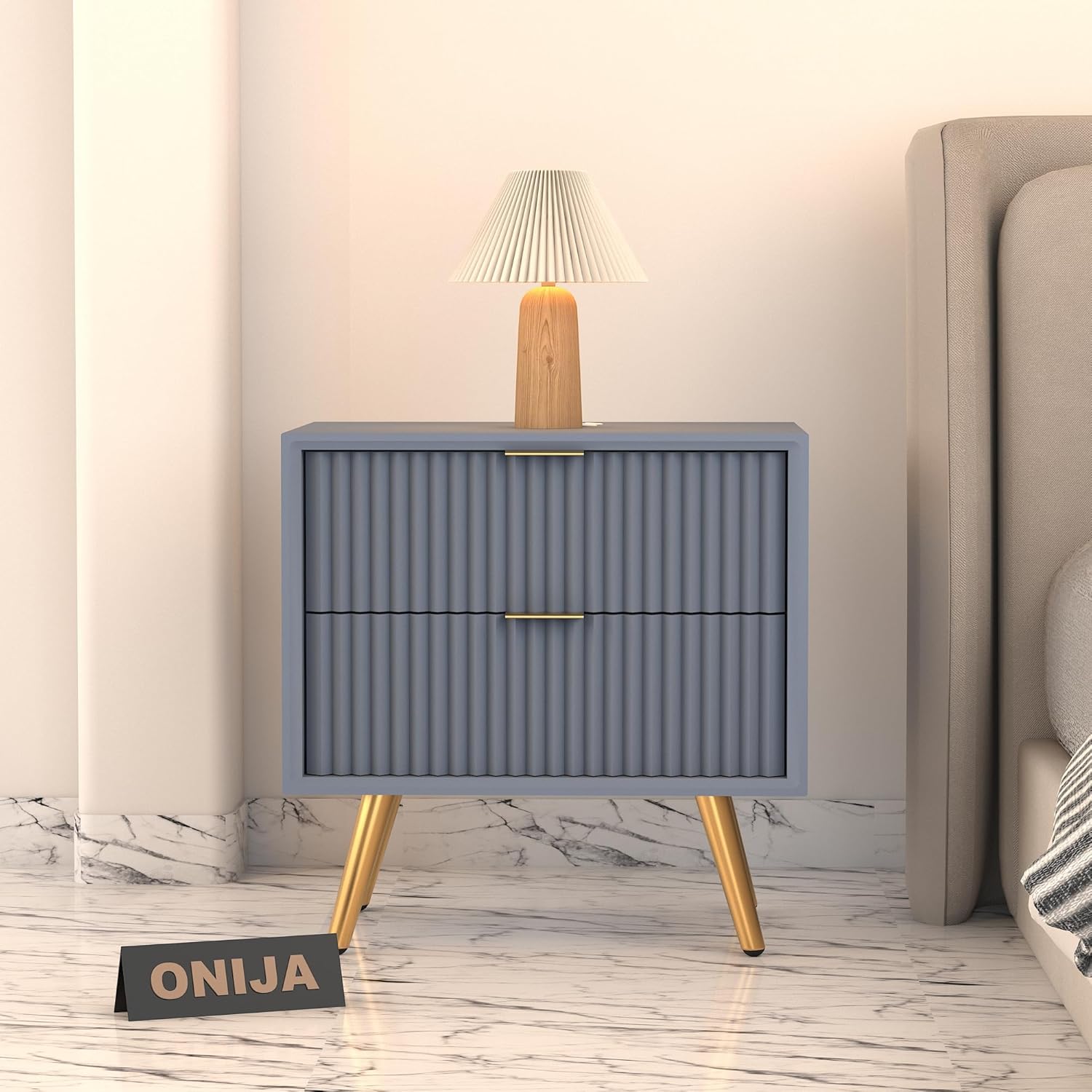 Grey Fluted Bedside Table with 2 Drawers & Gold Legs — Luxury Bedroom Style