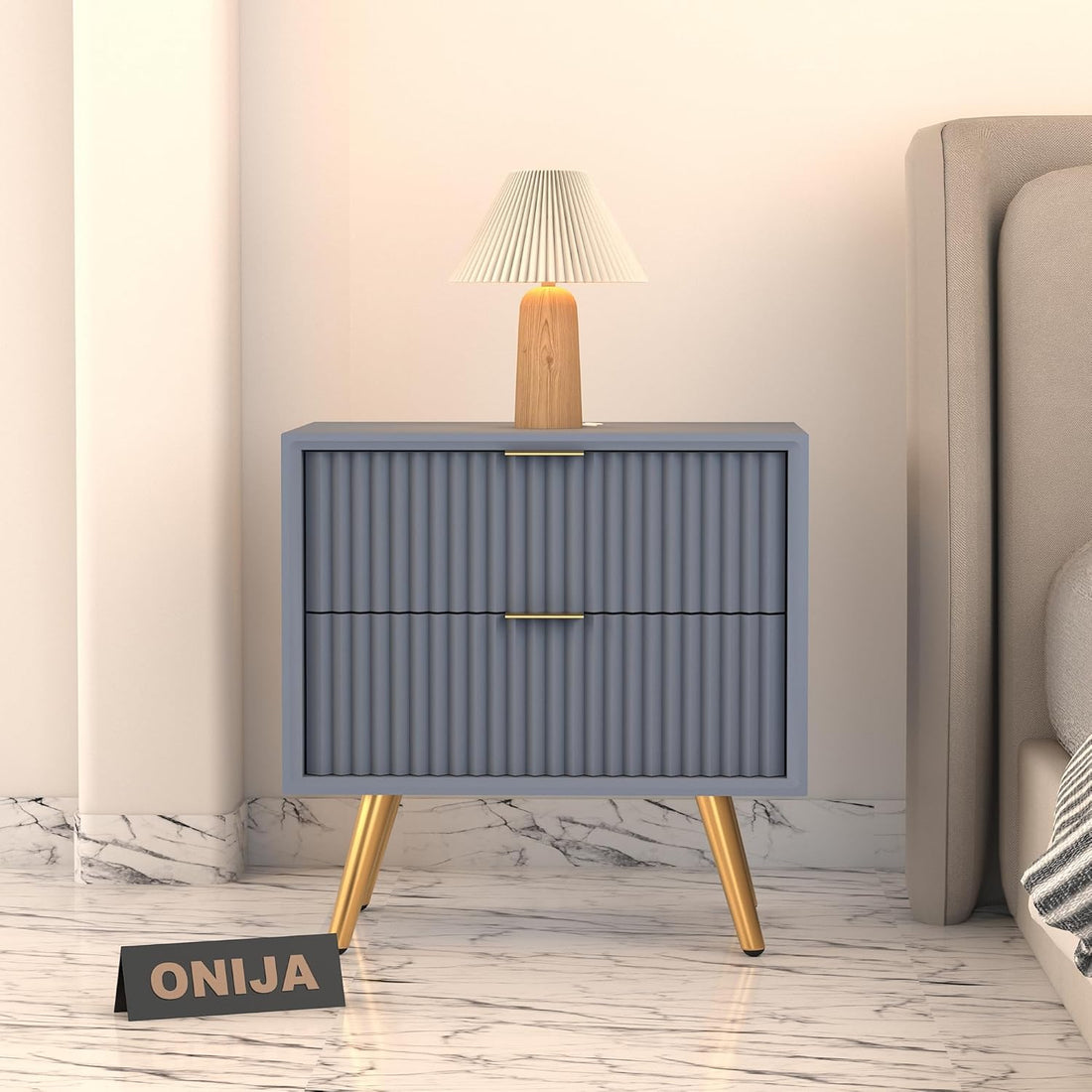 Grey Fluted Bedside Table with 2 Drawers & Gold Legs — Luxury Bedroom Style