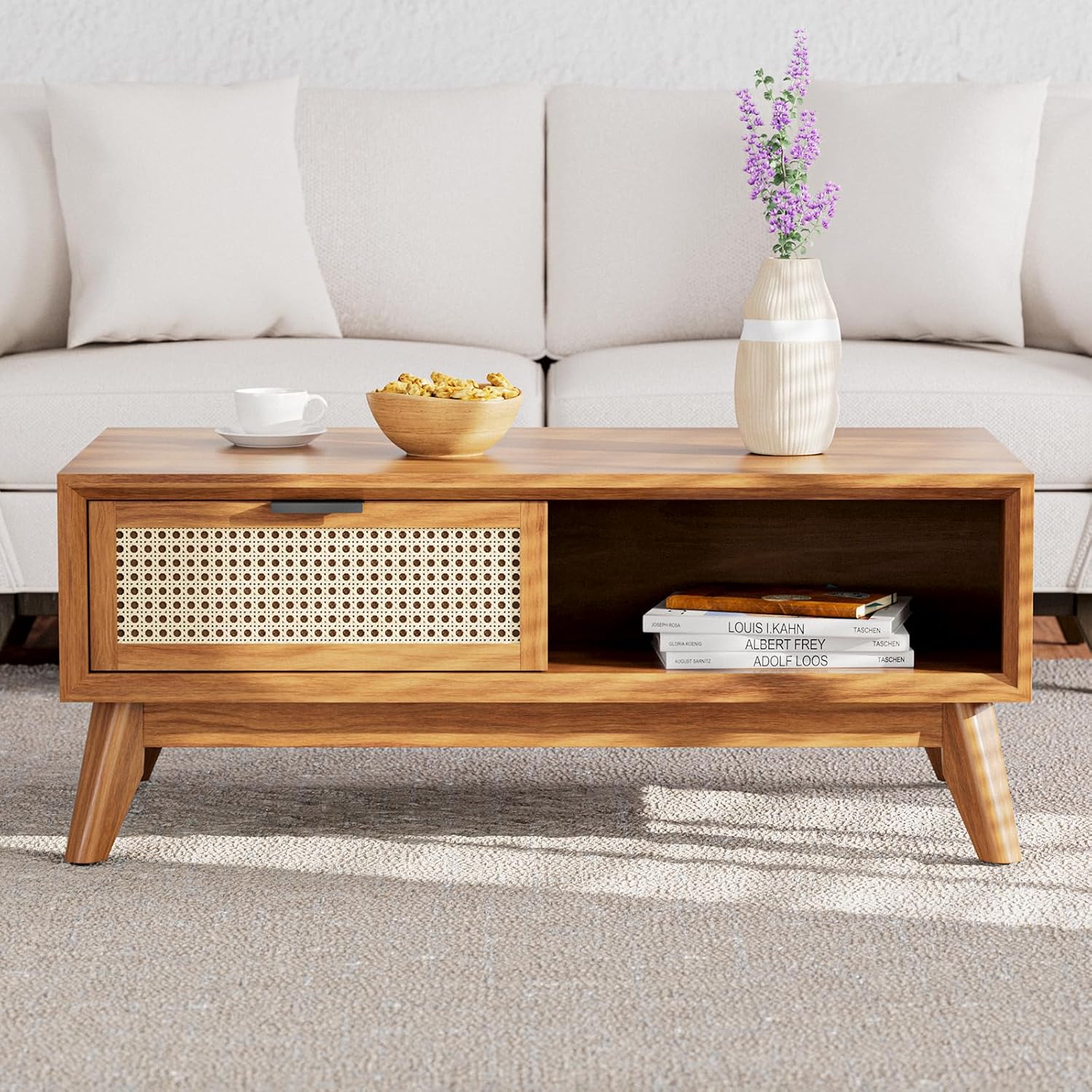 Craft D Art Wooden Coffee Table with Rattan Drawer & Open Shelf