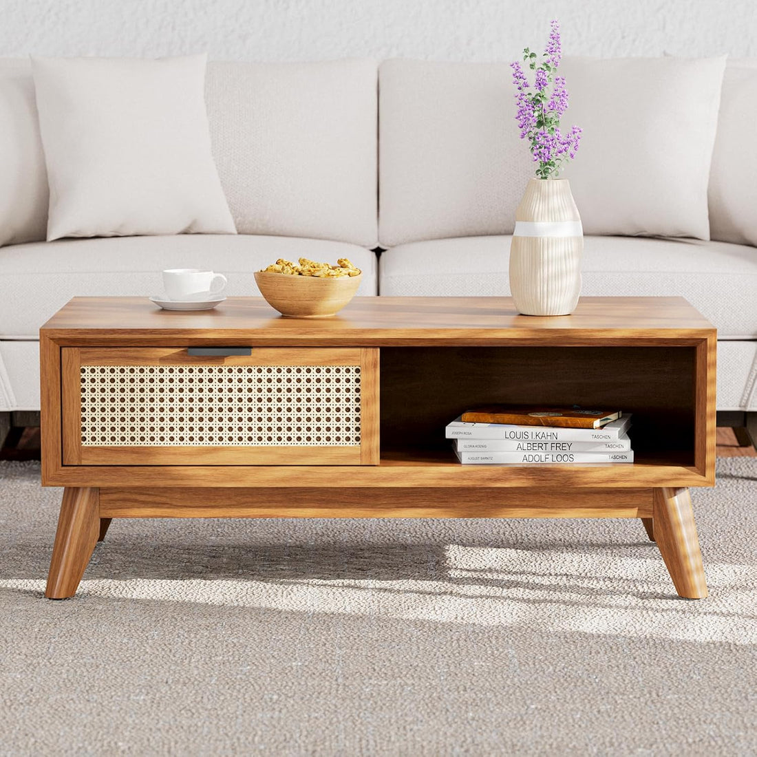 Craft D Art Wooden Coffee Table with Rattan Drawer & Open Shelf