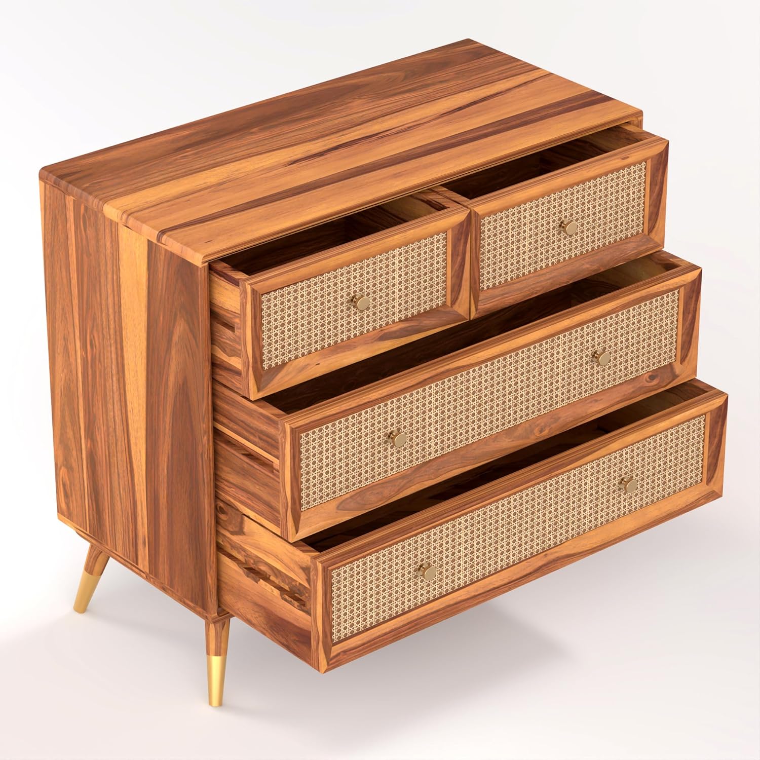 Craft D Art Wooden Chest of Drawers with Rattan Front & 5 Drawers