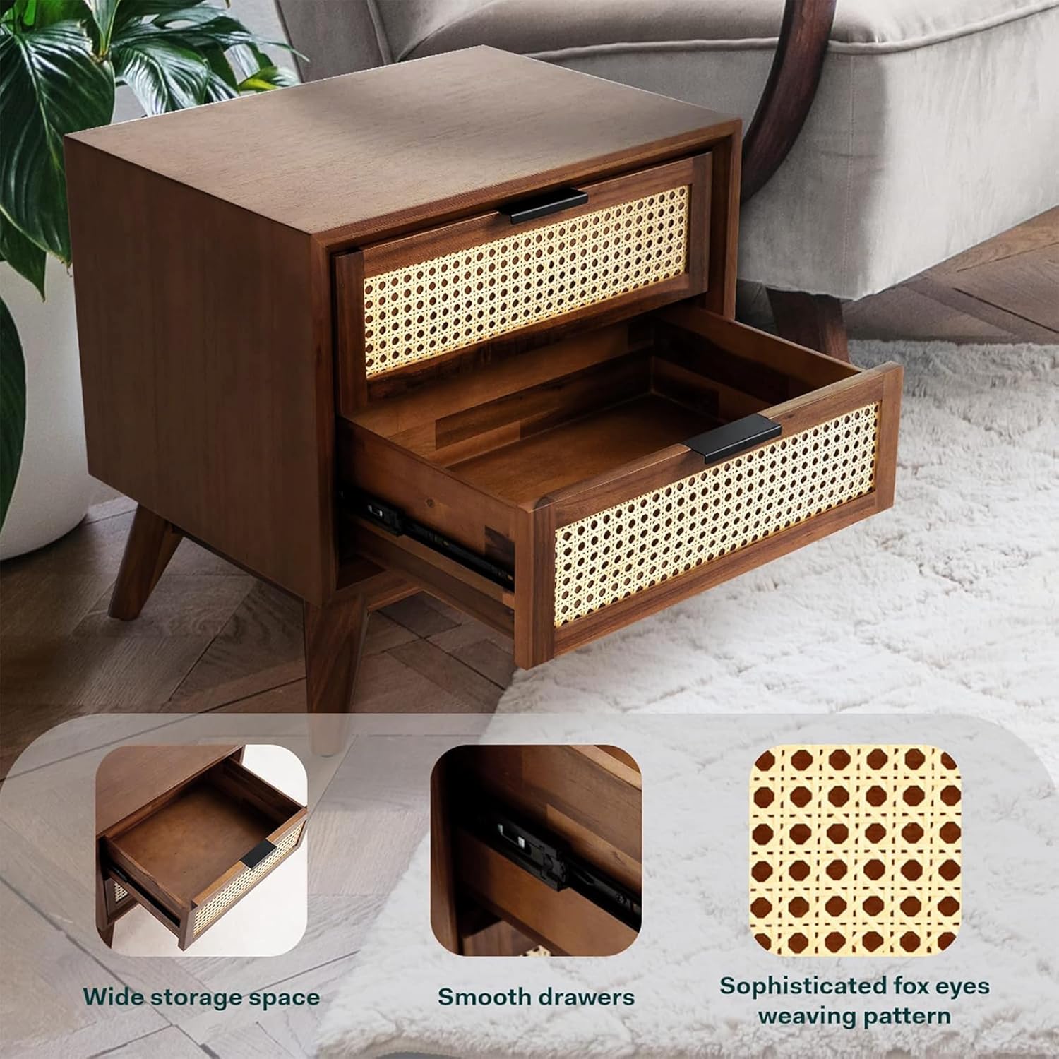 Craft D Art Wooden Bedside Table with Rattan Drawers & Solid Legs