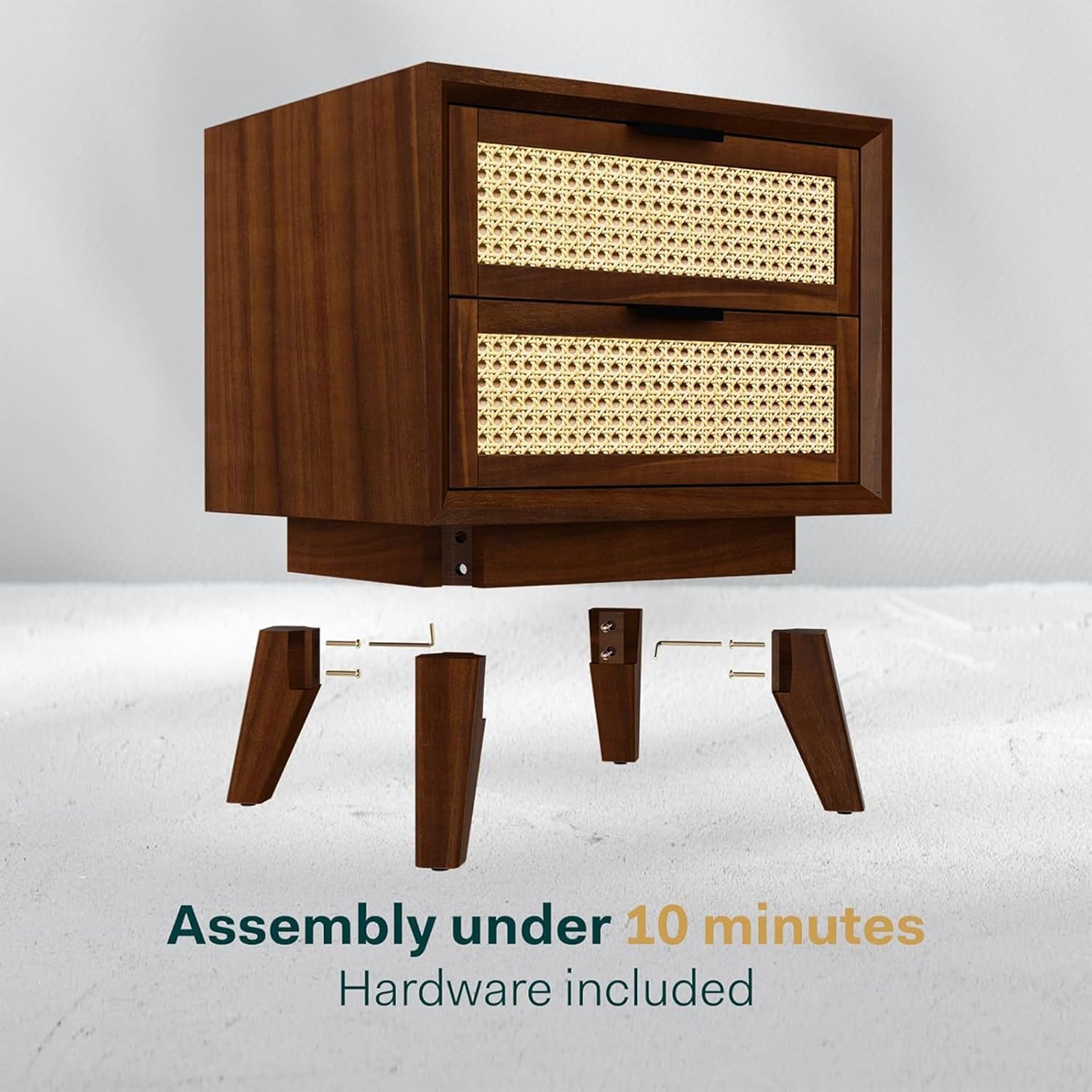 Craft D Art Wooden Bedside Table with Rattan Drawers & Solid Legs