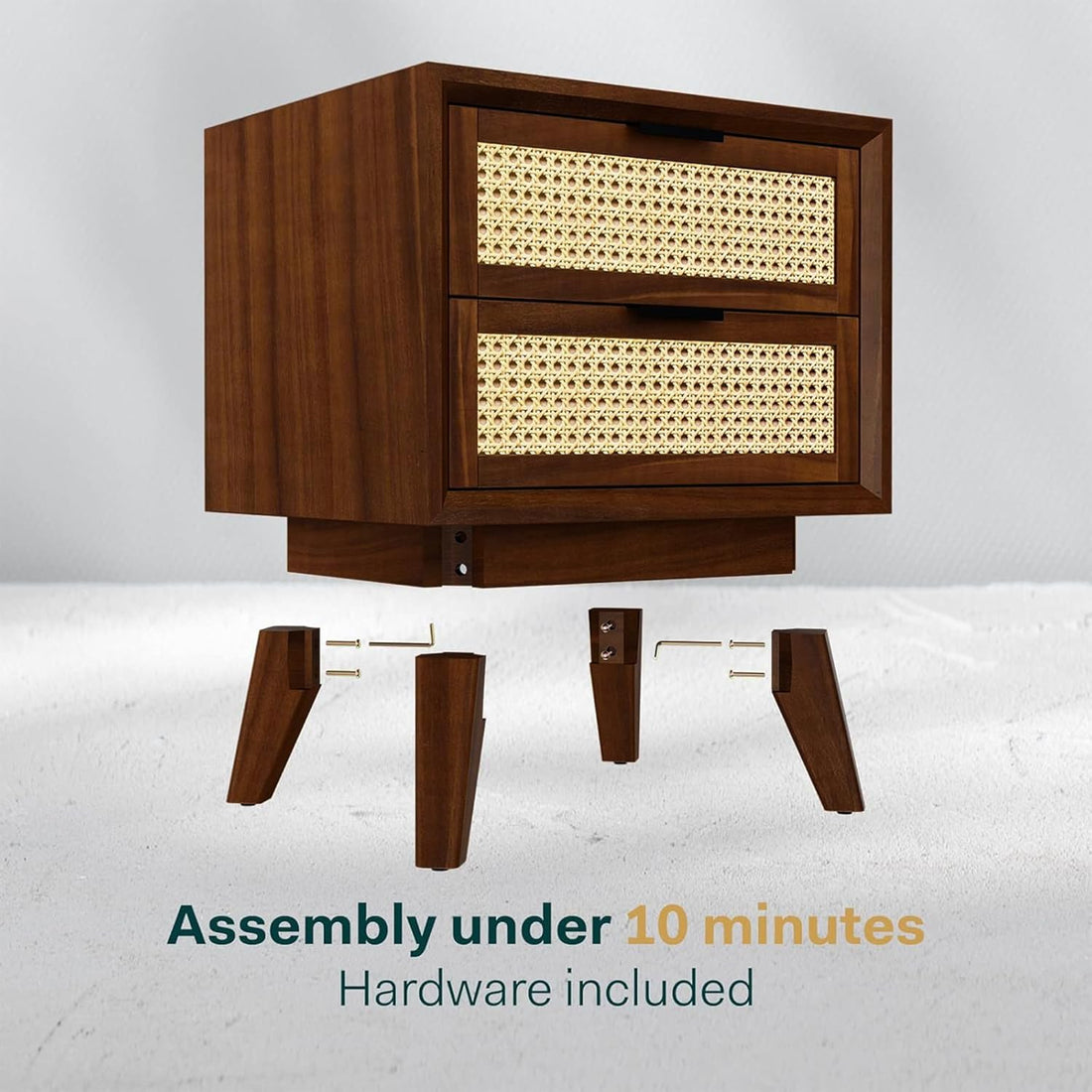 Craft D Art Wooden Bedside Table with Rattan Drawers & Solid Legs