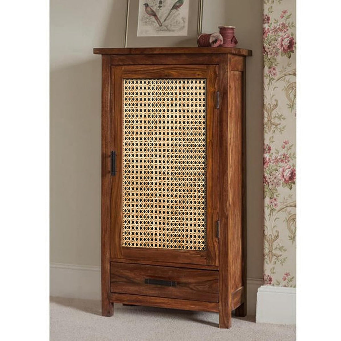 Solid Wood Cane Door Bookcase Cabinet with Drawer