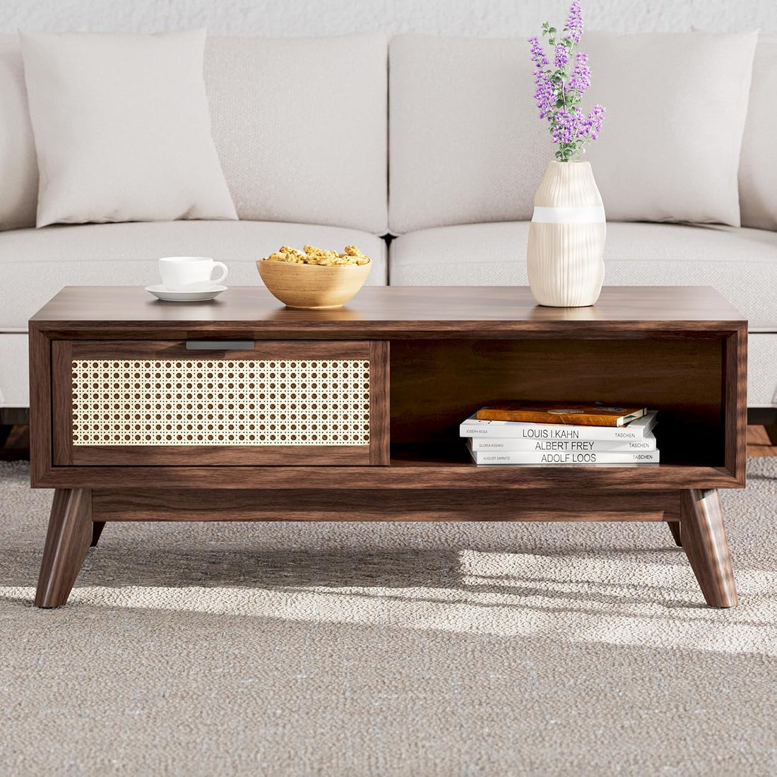 Craft D Art Wooden Coffee Table with Rattan Drawer & Open Shelf