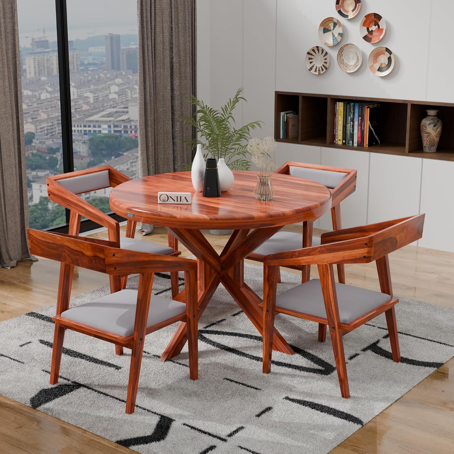 Craft D Art Premium Round Wooden Dining Table Set 4 Seater | Dining Furniture