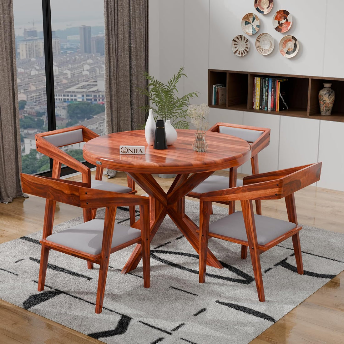 Craft D Art Premium Round Wooden Dining Table Set 4 Seater | Dining Furniture