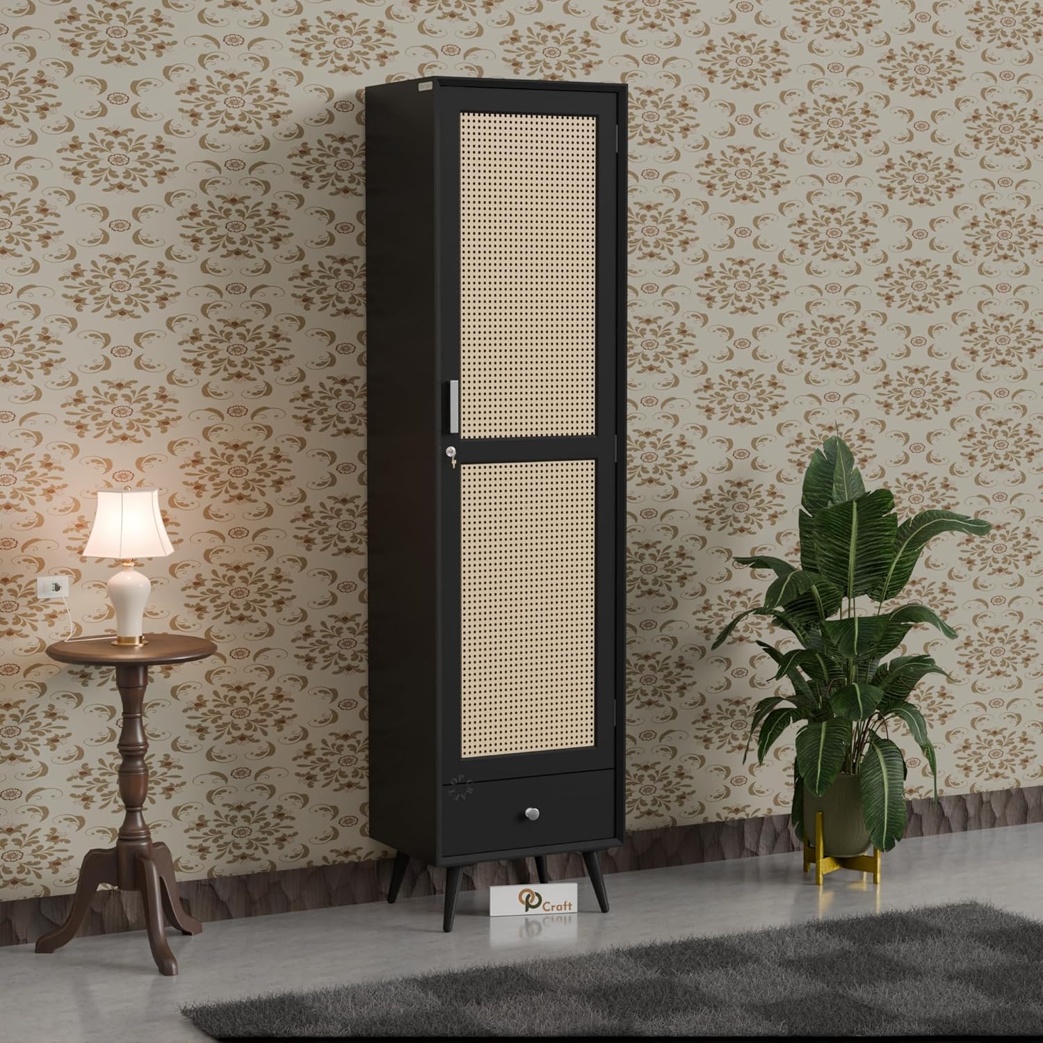 Craft D Art Wooden Single Door Wardrobe with Rattan Panel & Drawer