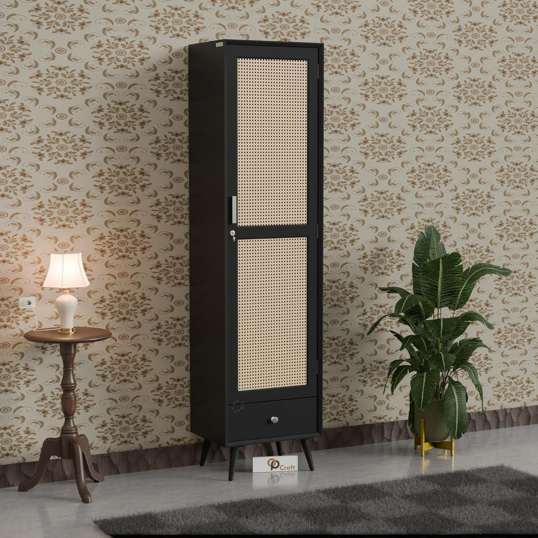 Craft D Art Wooden Single Door Wardrobe with Rattan Panel & Drawer