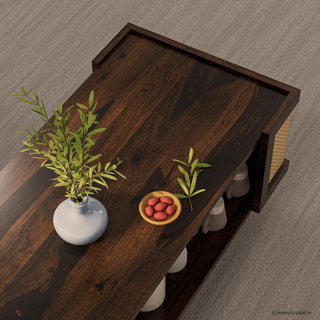 Solid Wood Cane Panel Coffee Table with Open Shelf Storage