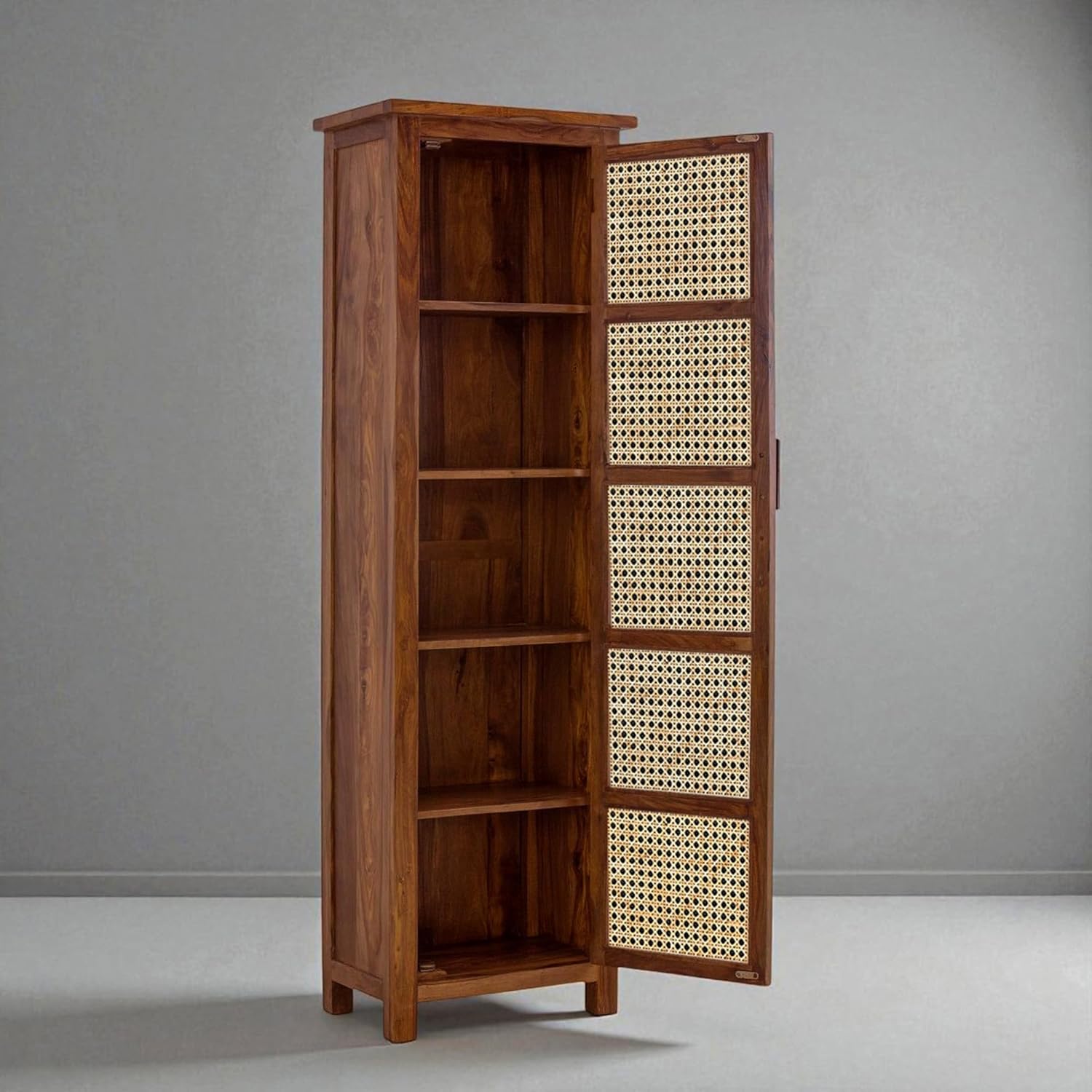 Solid Wood Cane Door Storage Cabinet | Slim Rattan Pantry Cabinet