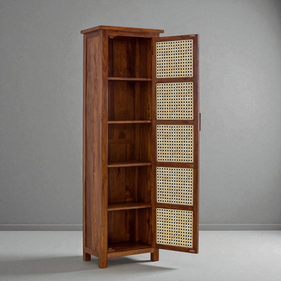 Solid Wood Cane Door Storage Cabinet | Slim Rattan Pantry Cabinet