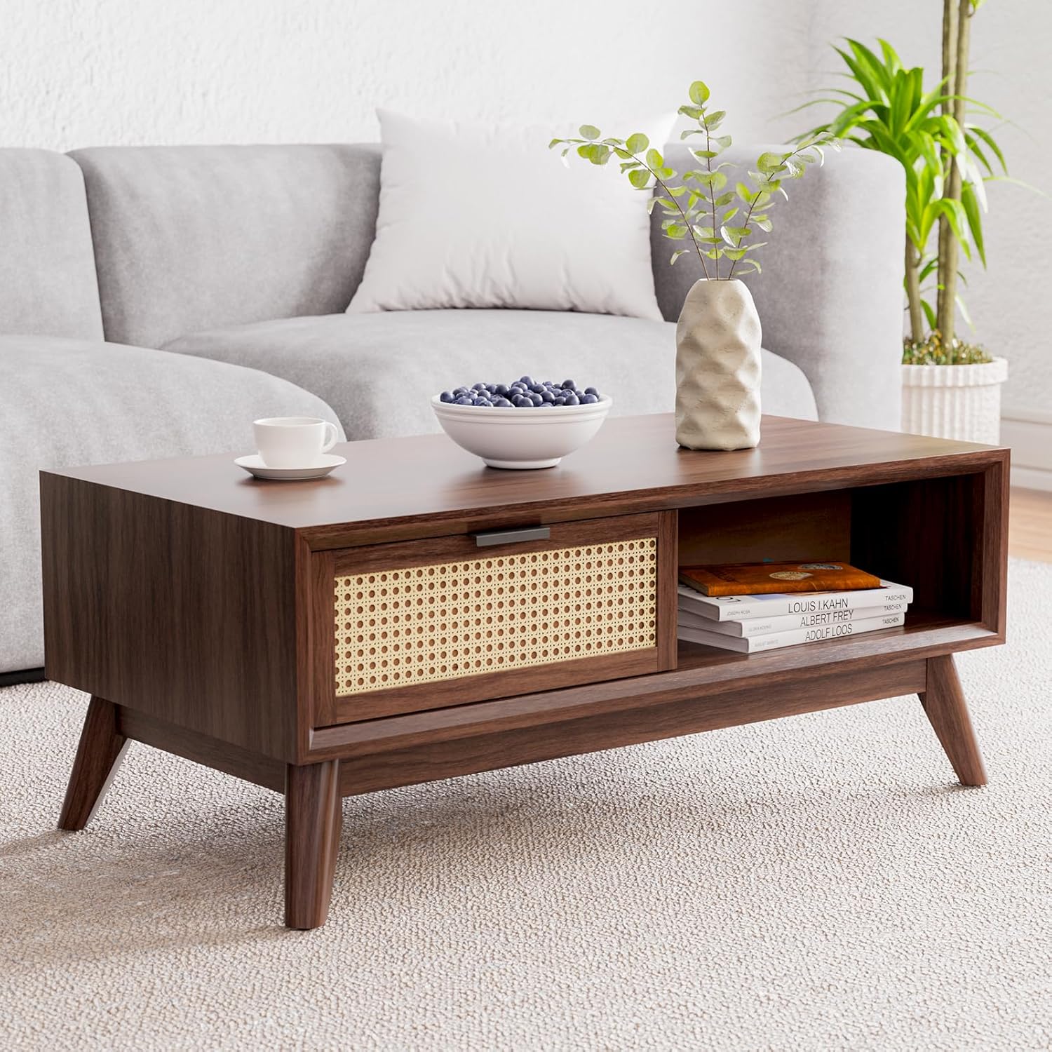 Craft D Art Wooden Coffee Table with Rattan Drawer & Open Shelf