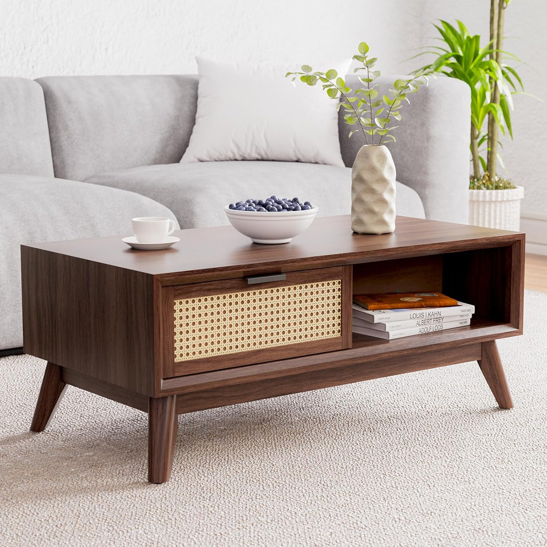 Craft D Art Wooden Coffee Table with Rattan Drawer & Open Shelf