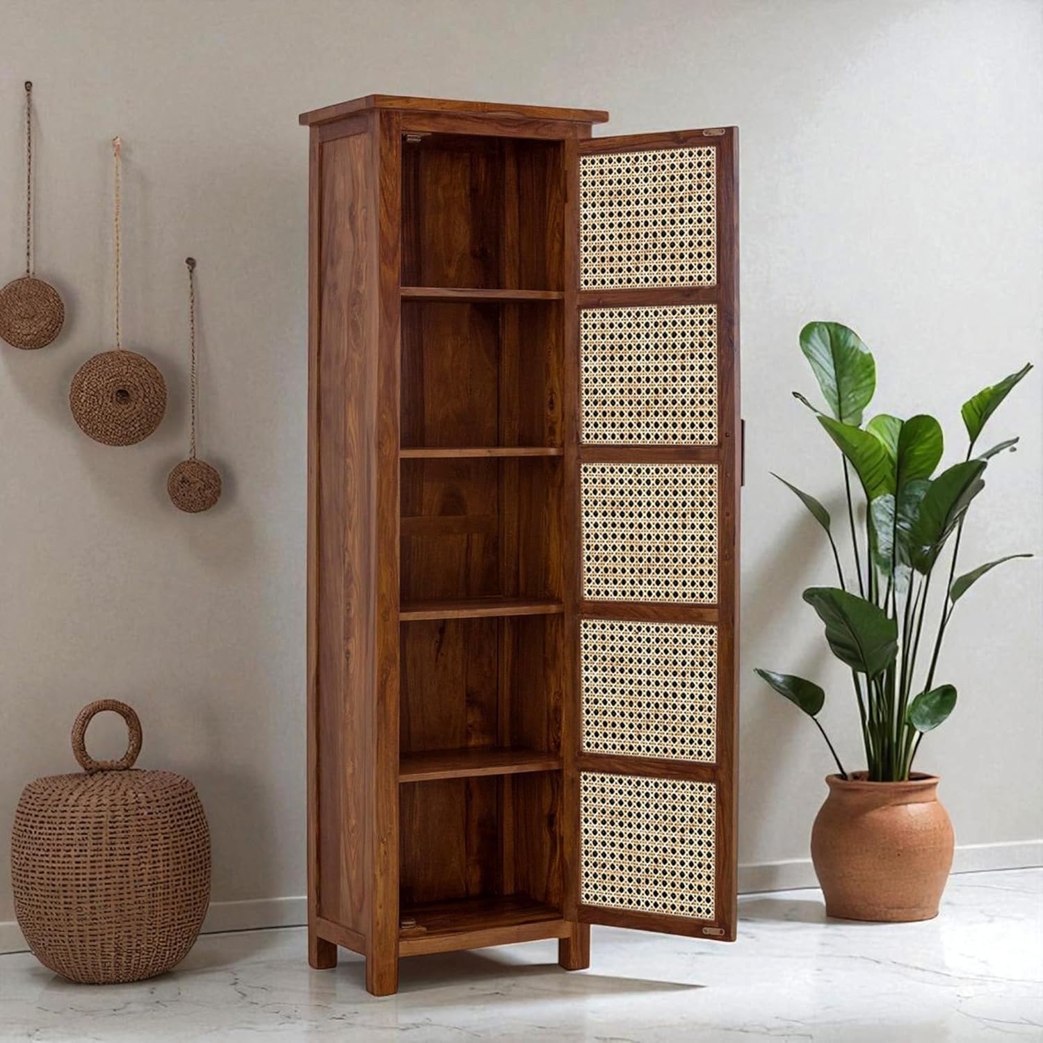 Solid Wood Cane Door Storage Cabinet | Slim Rattan Pantry Cabinet