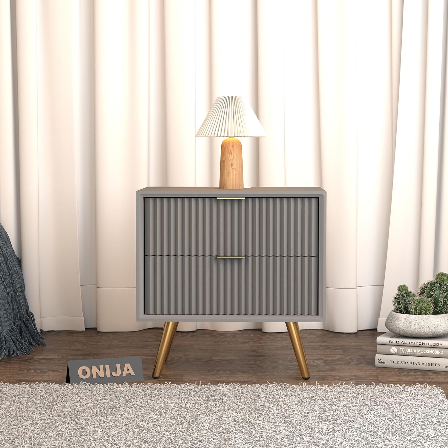 Modern Grey Fluted 2 Drawer Bedside Table with Gold Legs