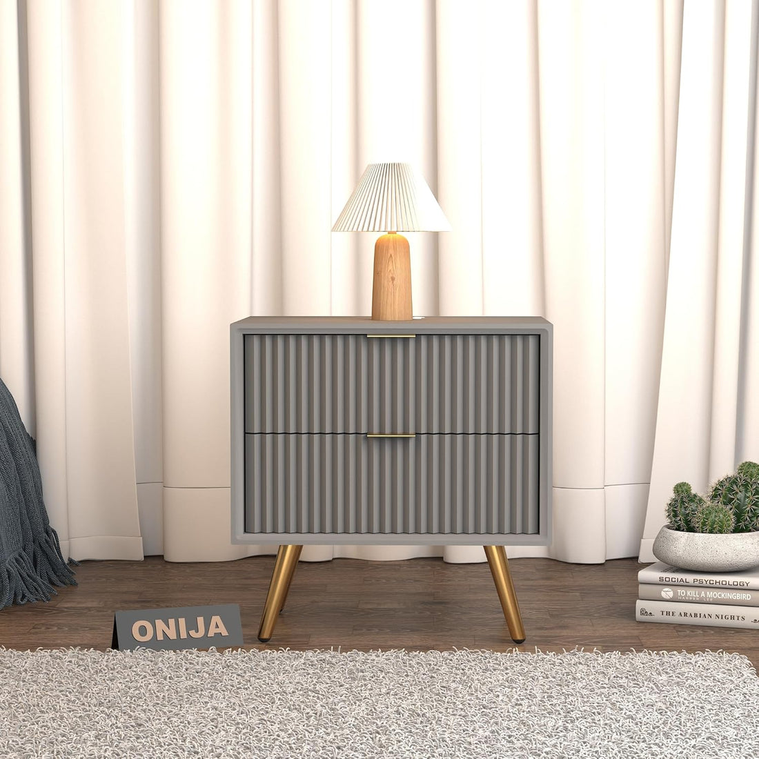 Modern Grey Fluted 2 Drawer Bedside Table with Gold Legs