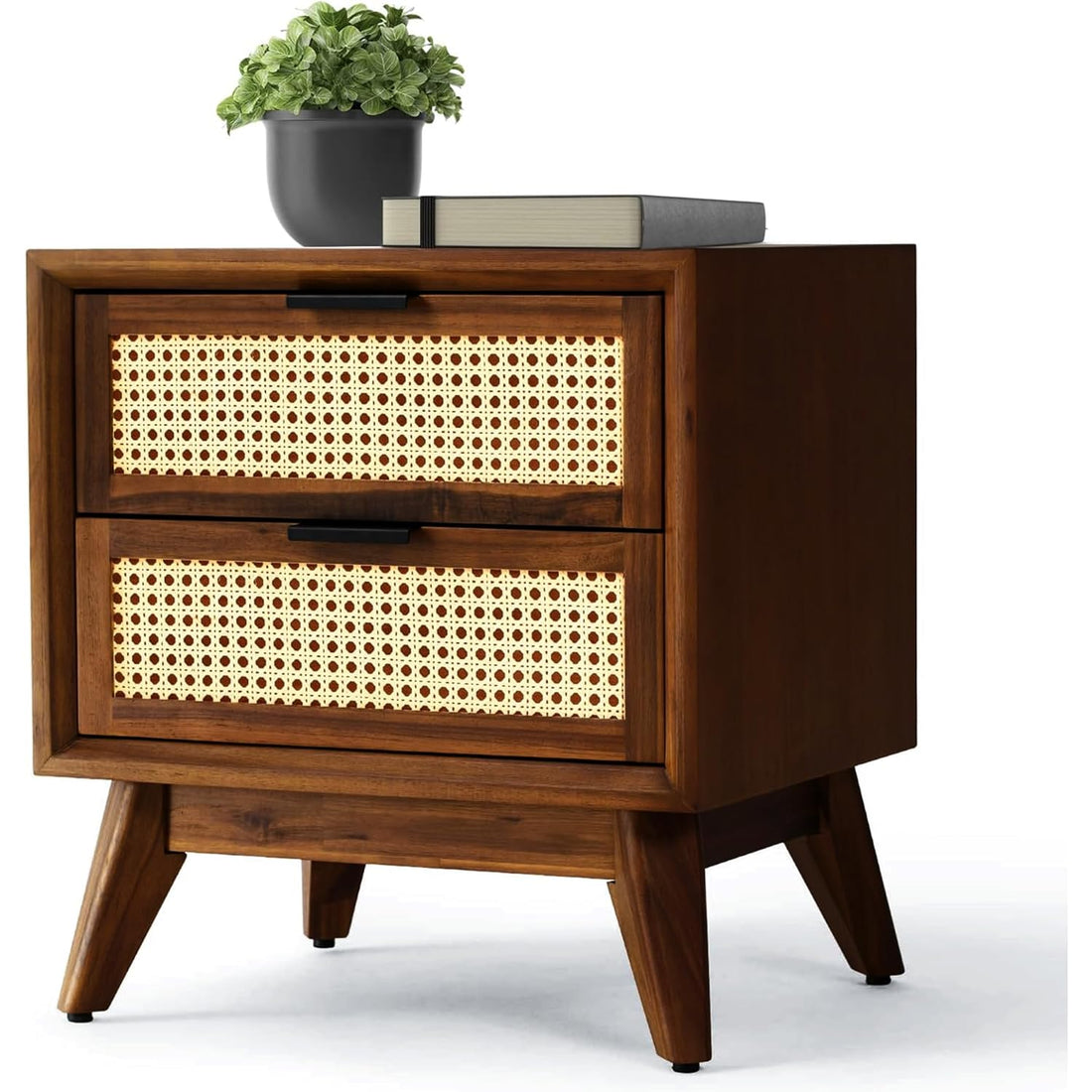 Craft D Art Wooden Bedside Table with Rattan Drawers & Solid Legs