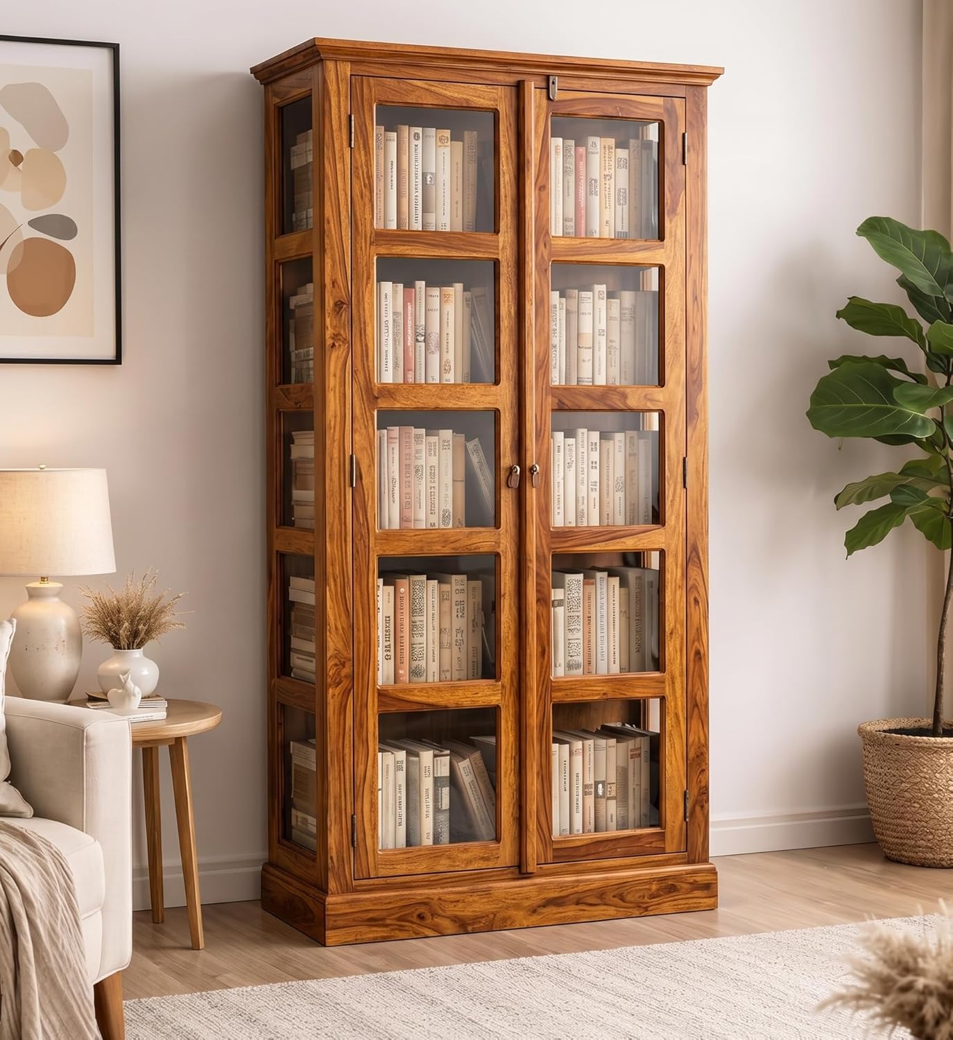 Craft D Art Solid Wood Glass Door Bookcase Storage Cabinet