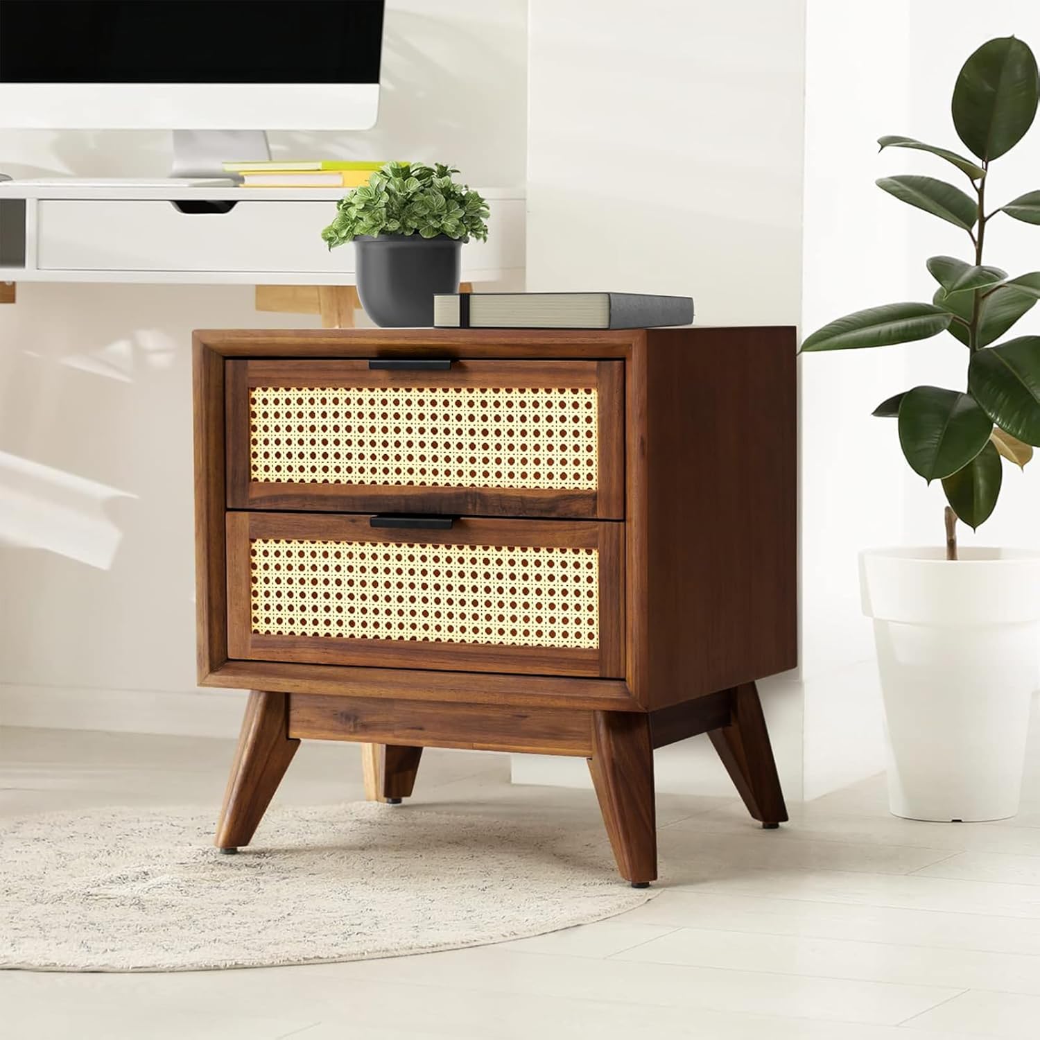 Craft D Art Wooden Bedside Table with Rattan Drawers & Solid Legs