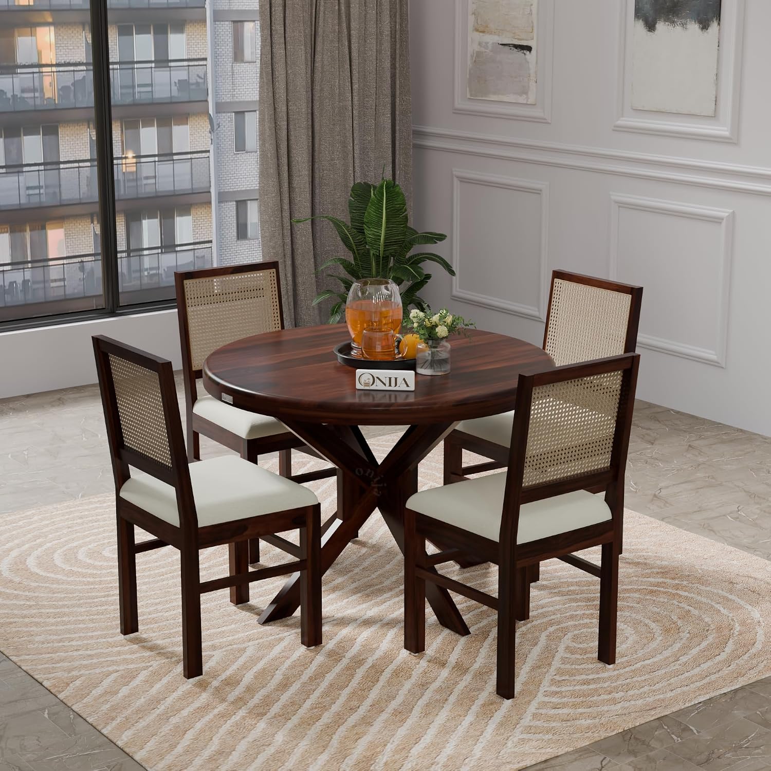 Premium Solid Wood Round Dining Table Set with Cane Back Chairs